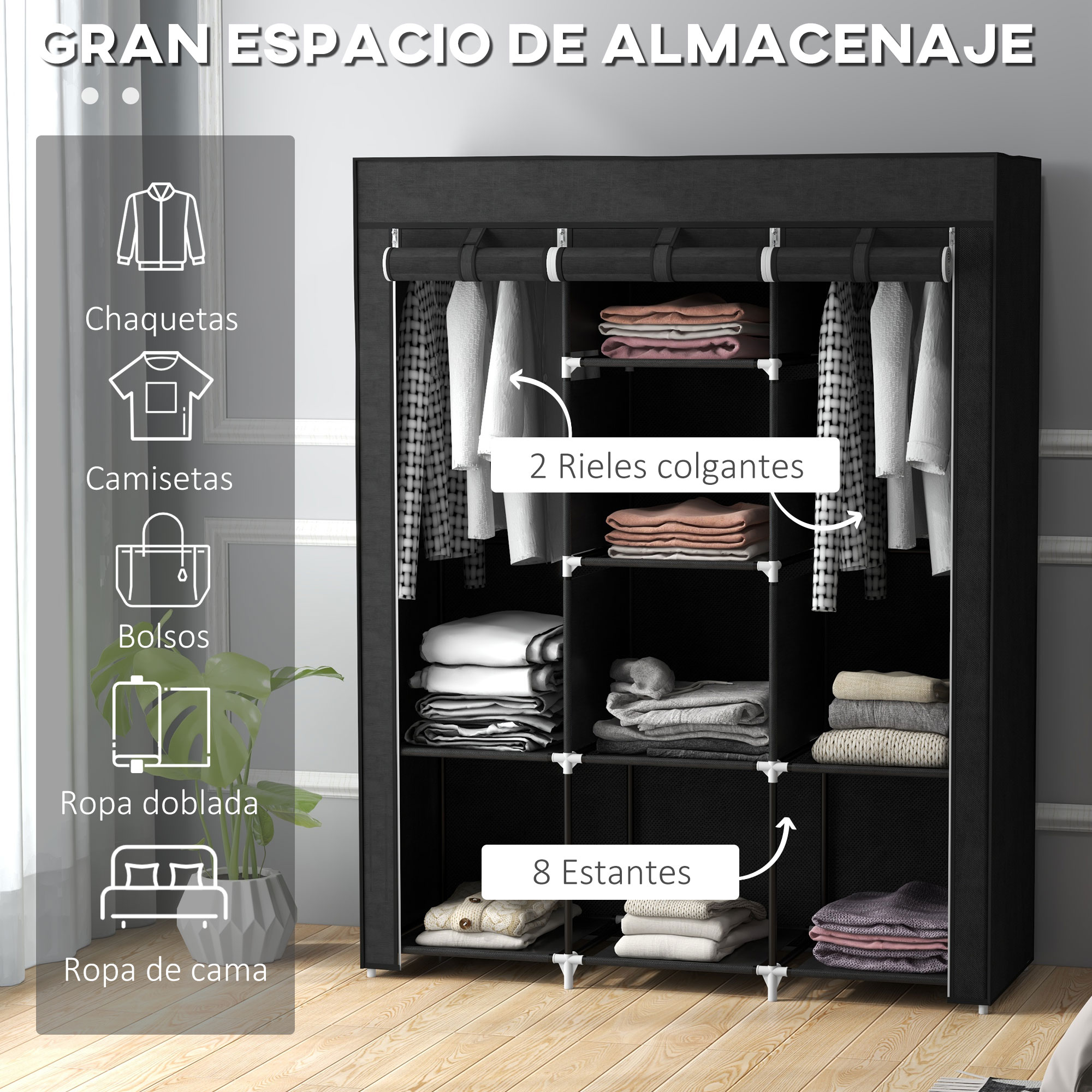 Armario de tela negro con ropa colgada, artículos doblados y estantes.