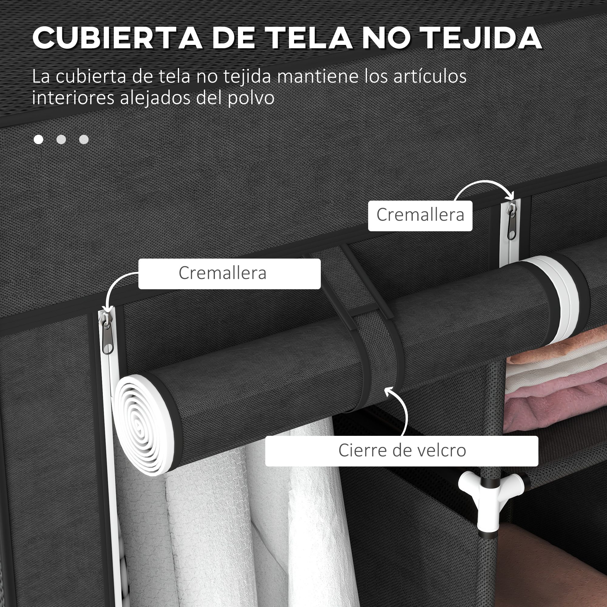 Armario de tela gris con cremalleras y velcro. Ropa en estantes.