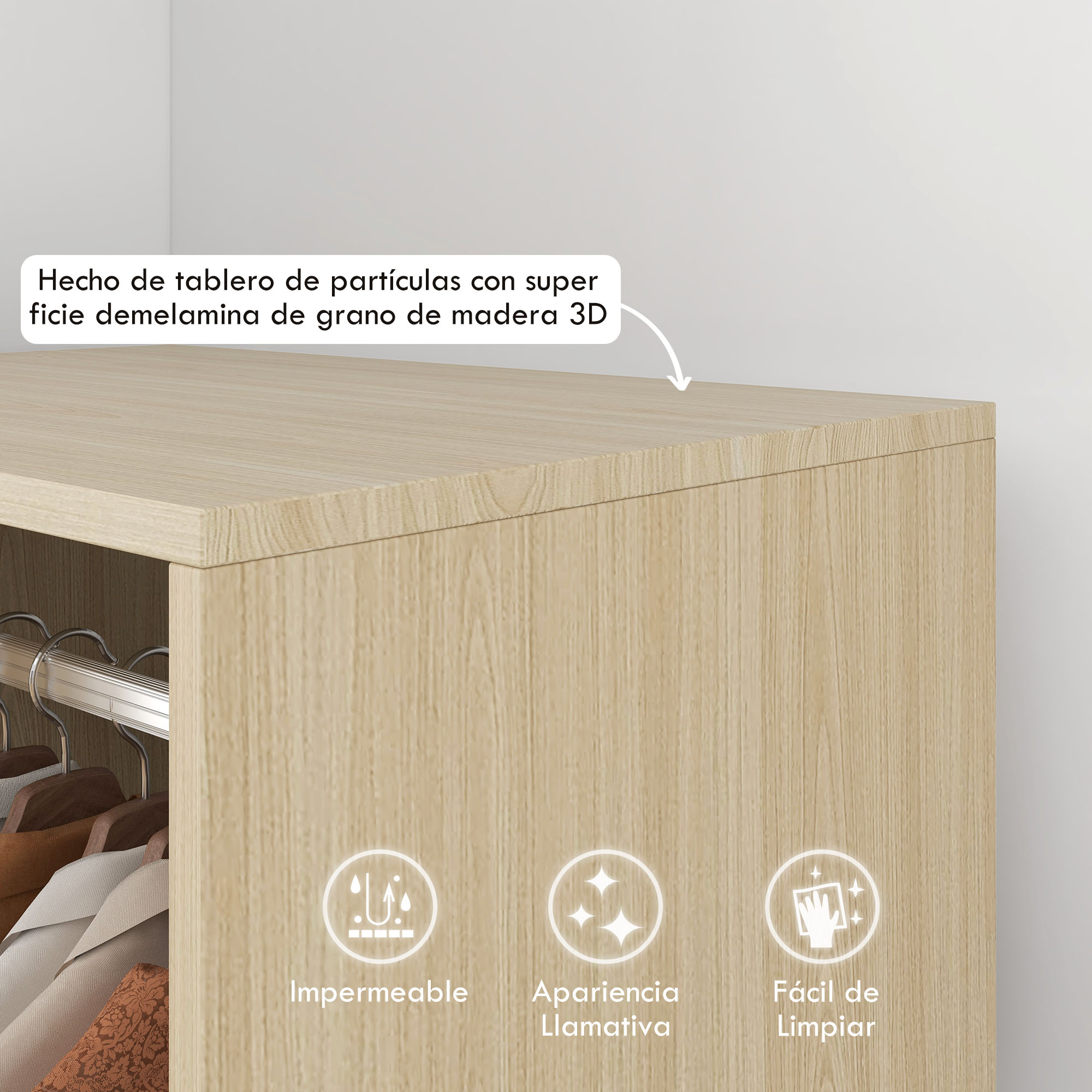 Primer plano de armario de madera clara con ropa. Iconos de impermeable, atractivo, fácil limpieza.