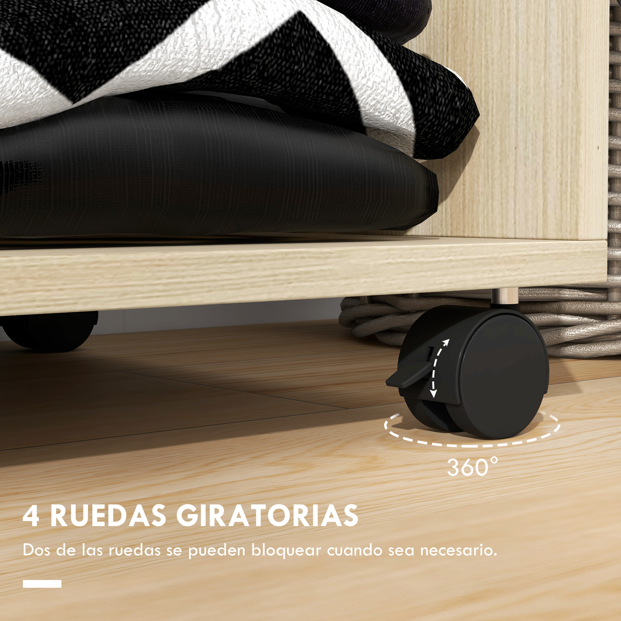 Primer plano de una rueda giratoria de 360 grados sobre suelo de madera.