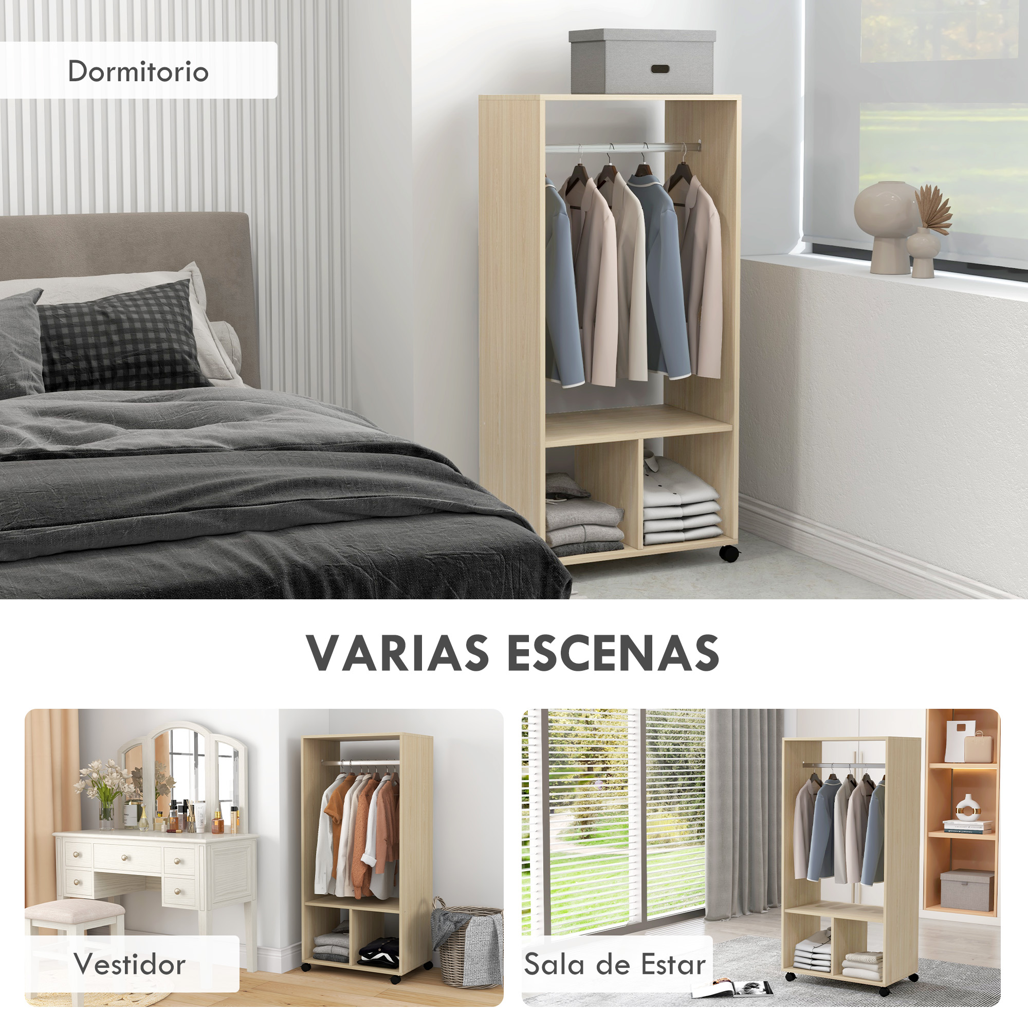 Un dormitorio con cama y armario. Debajo se muestran tres escenas.