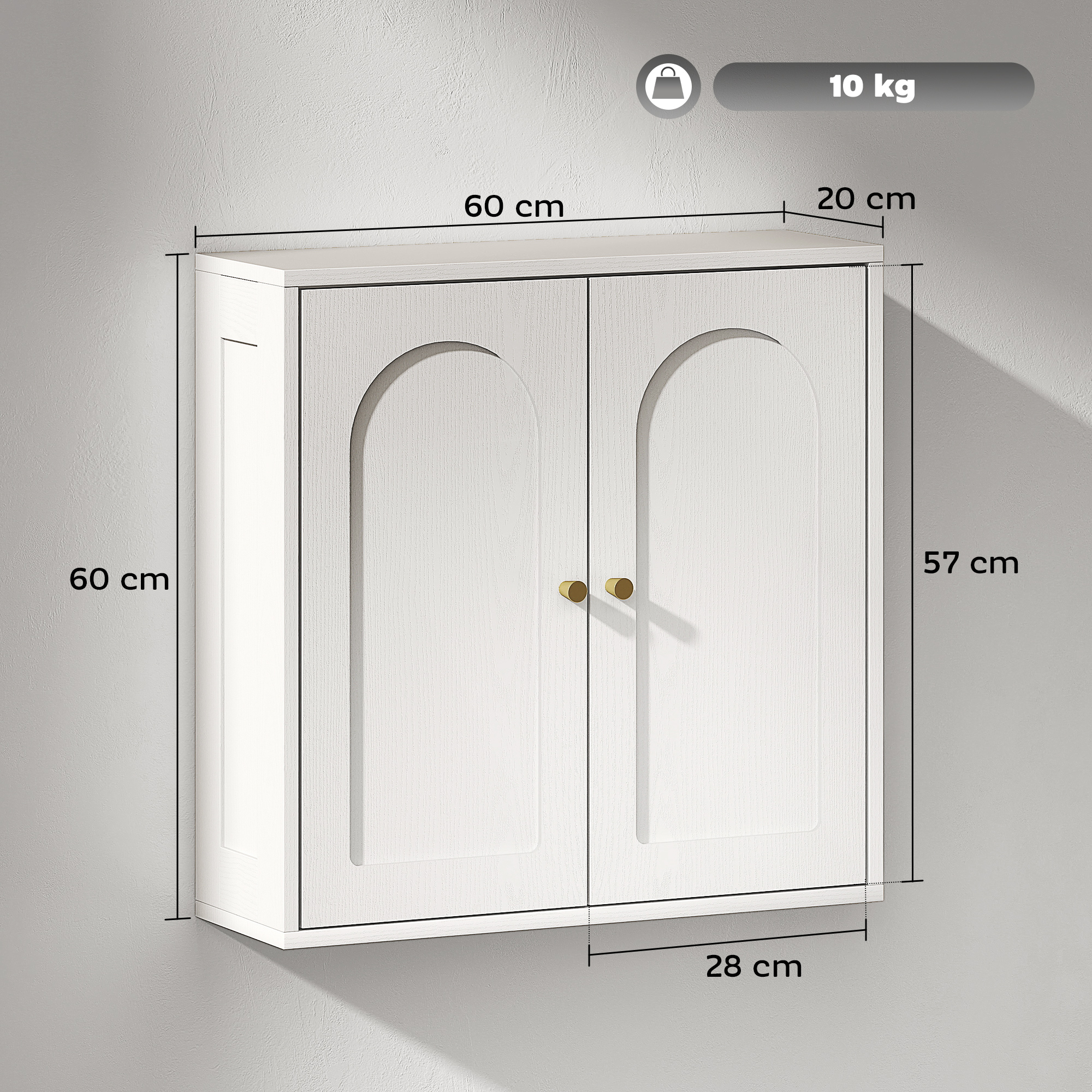 Gabinete blanco con puertas dobles, detalles arqueados, 60x57x28cm.