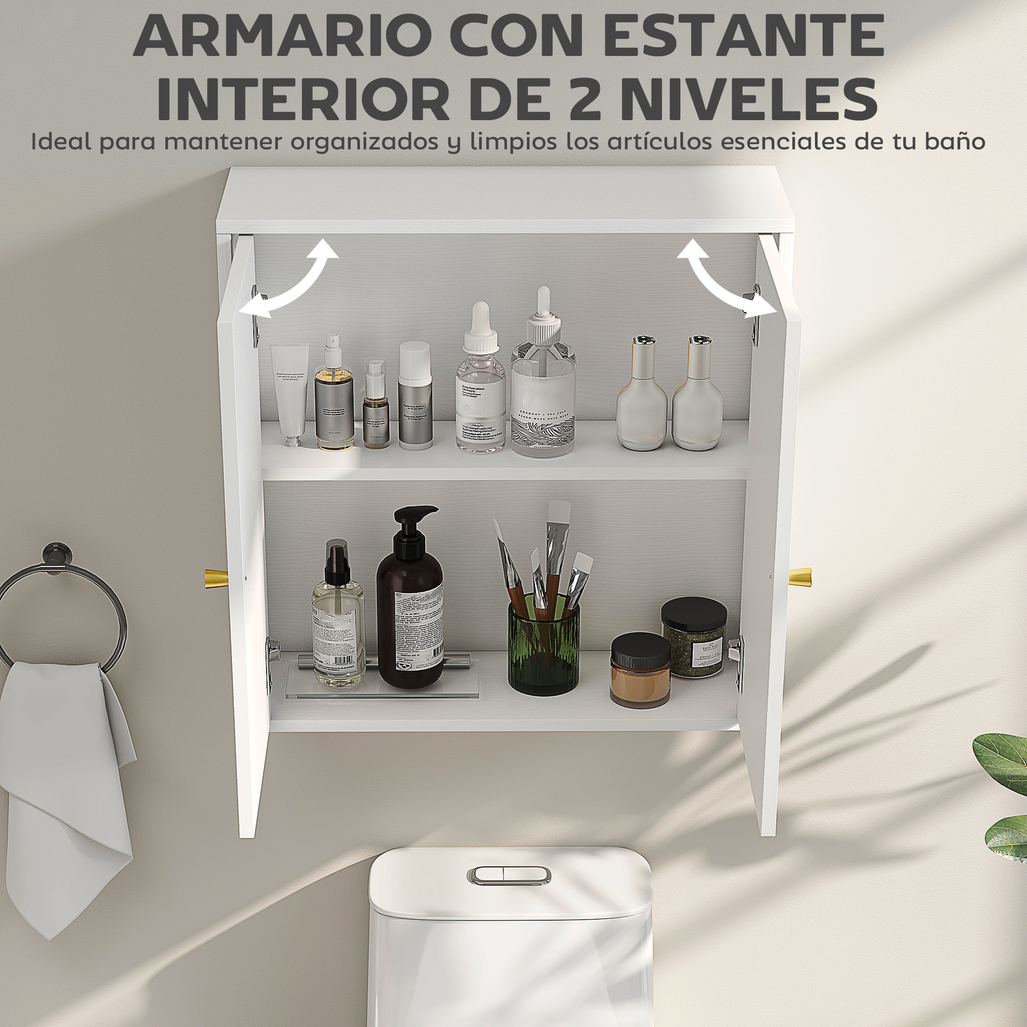 Armario blanco de pared de dos estantes con artículos de tocador y pinceles.