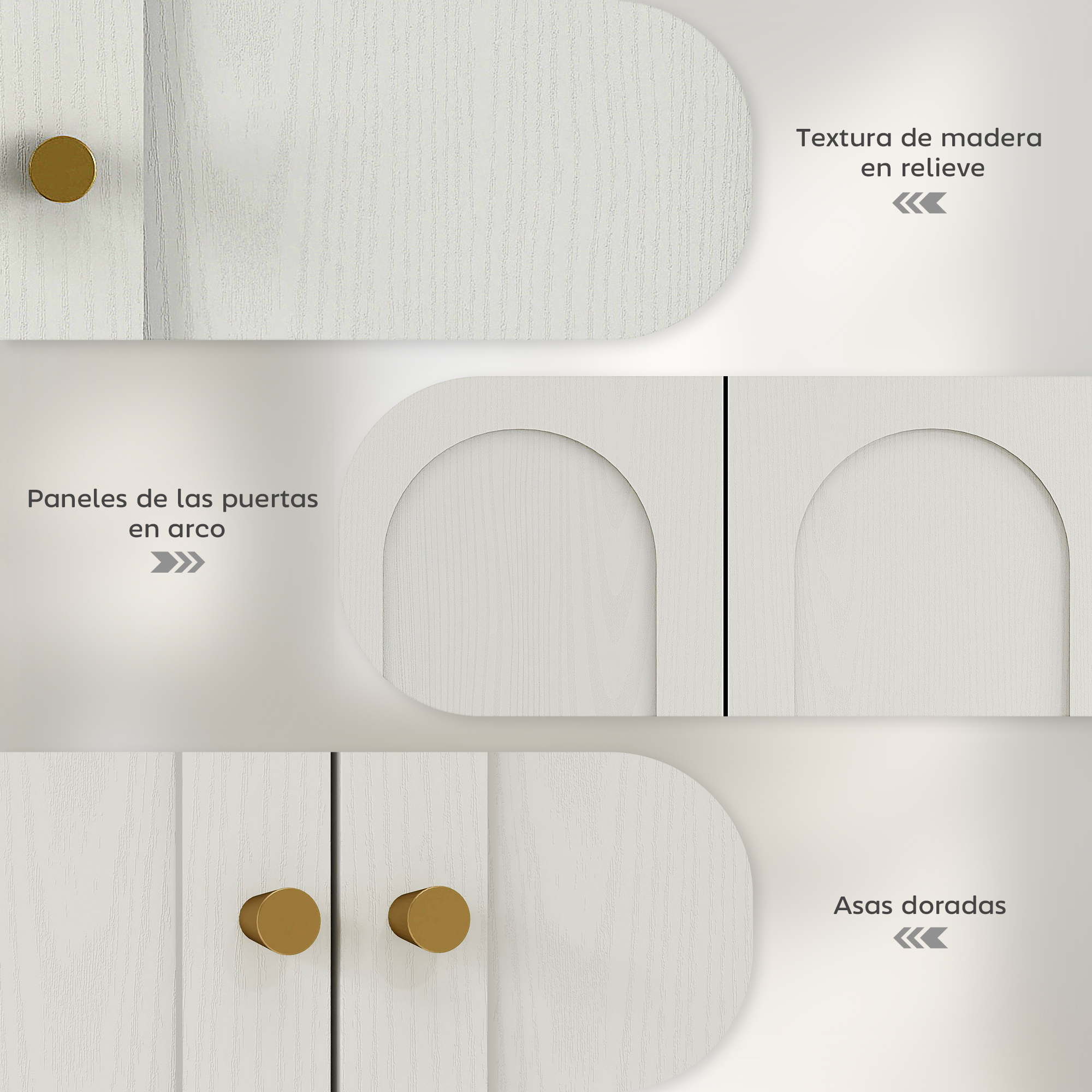 Puertas de armario blancas con tiradores dorados y paneles arqueados.