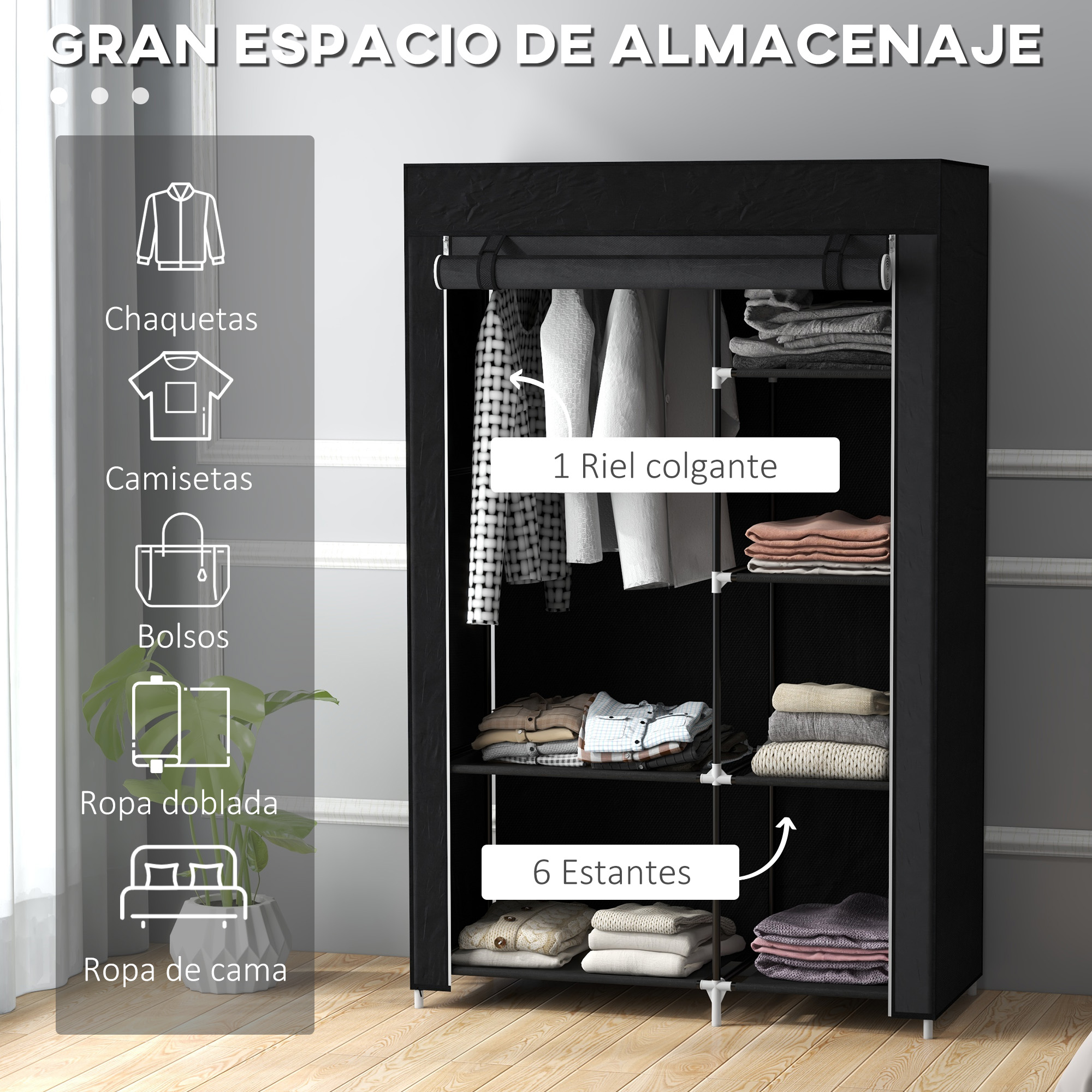 Armario de tela negro con ropa y estantes. Tiene una barra para colgar y 6 estantes.