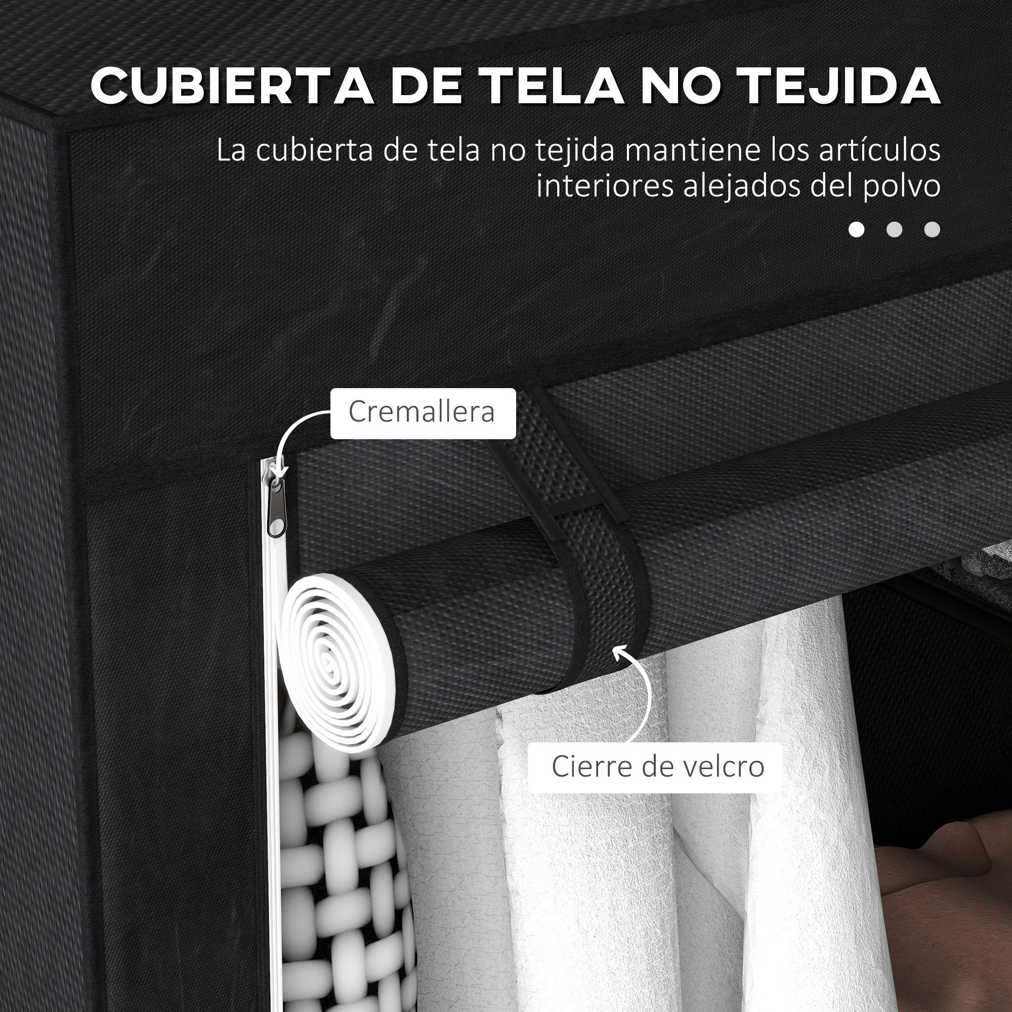 Armario de tela negro con cremallera y cierre de velcro.