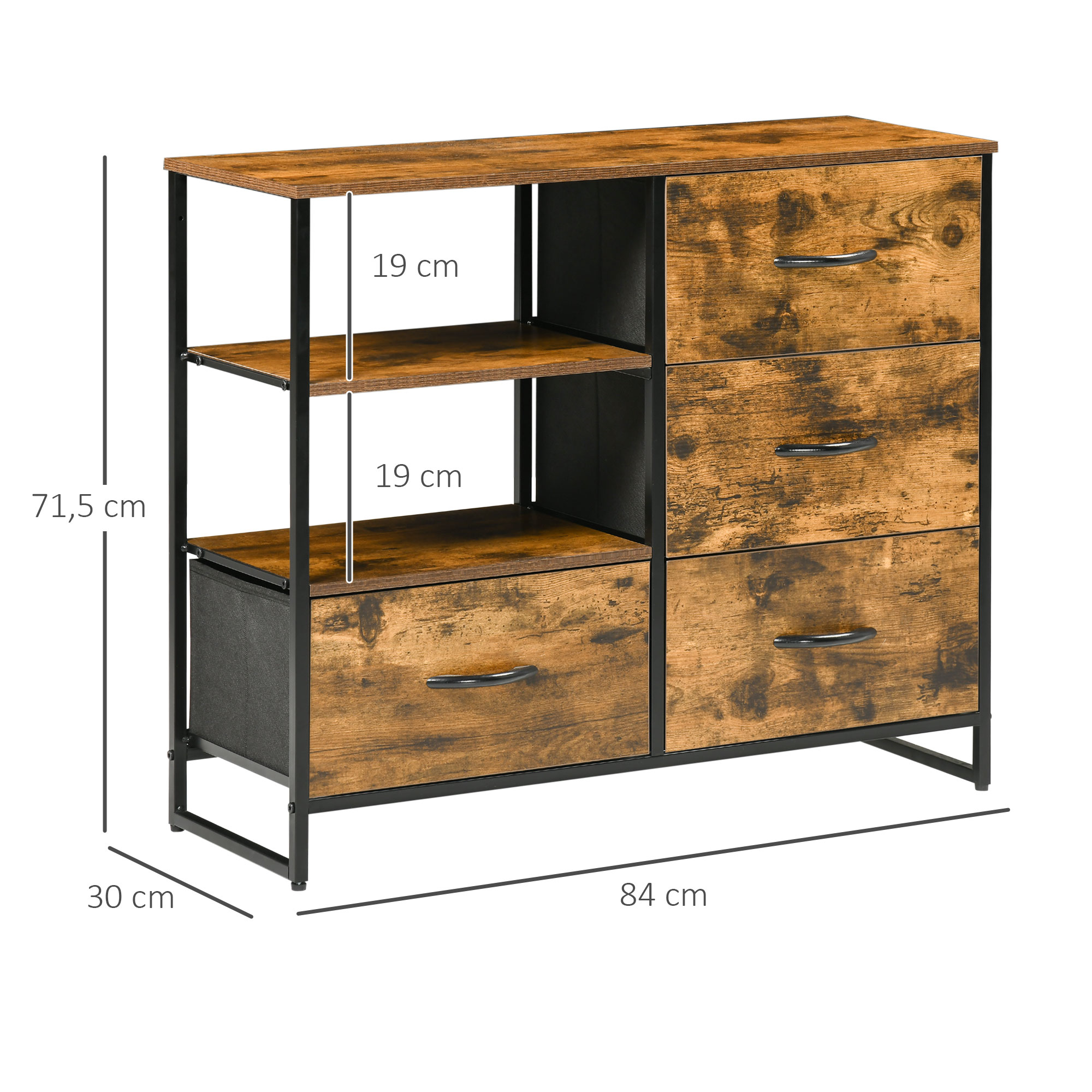 Cómoda de madera con 3 cajones y 2 estantes abiertos. Medidas 84x30x71,5 cm.