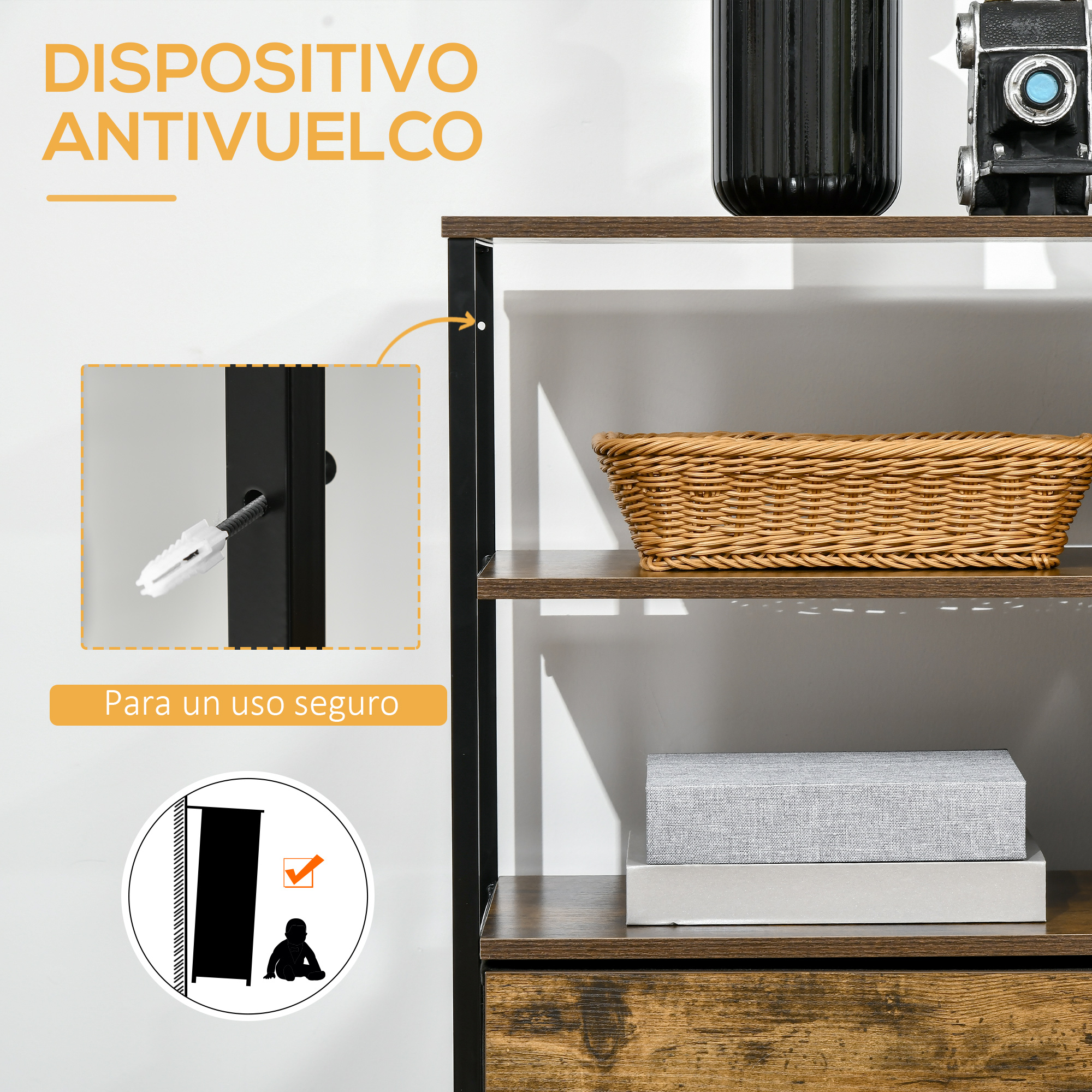 Un estante con una cesta, dos libros y una cámara. Incluye instrucciones de montaje.