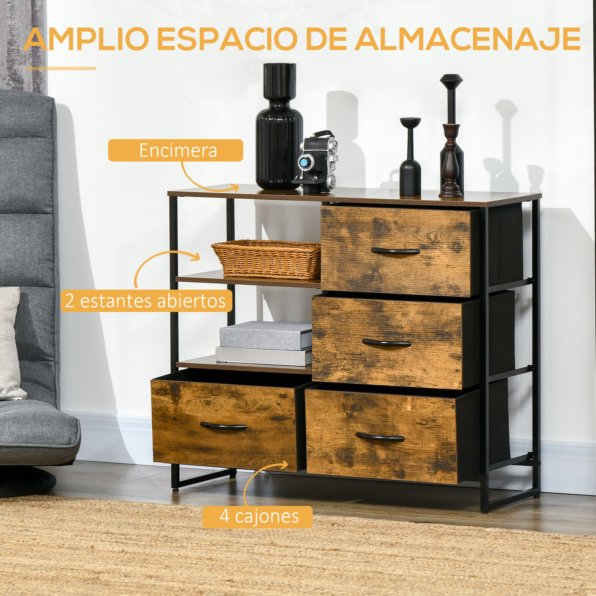 Cómoda de madera con cuatro cajones y dos estantes abiertos, decorada con jarrones y cámara.