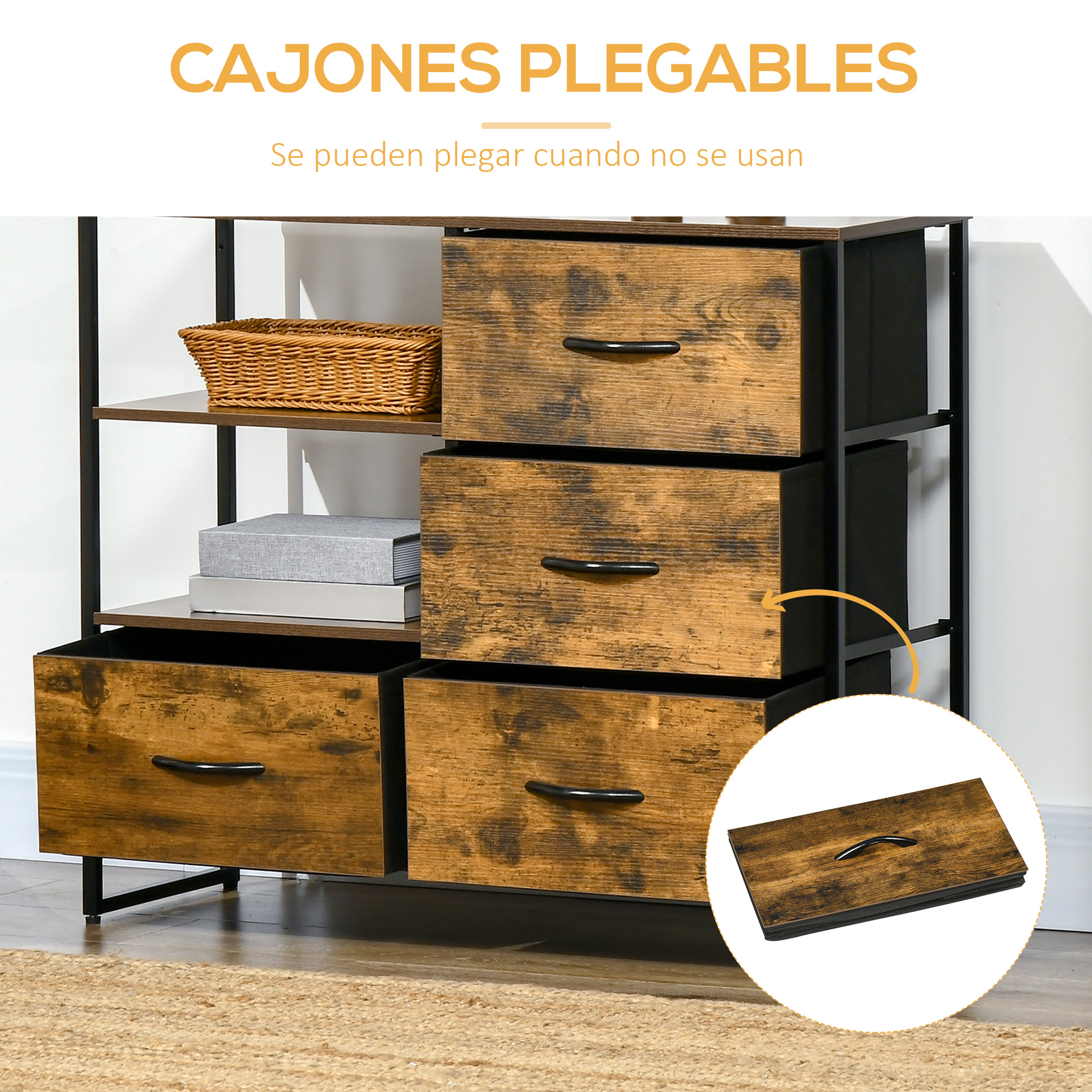Estantería de madera con cajones y cesta. Un cajón está abierto.