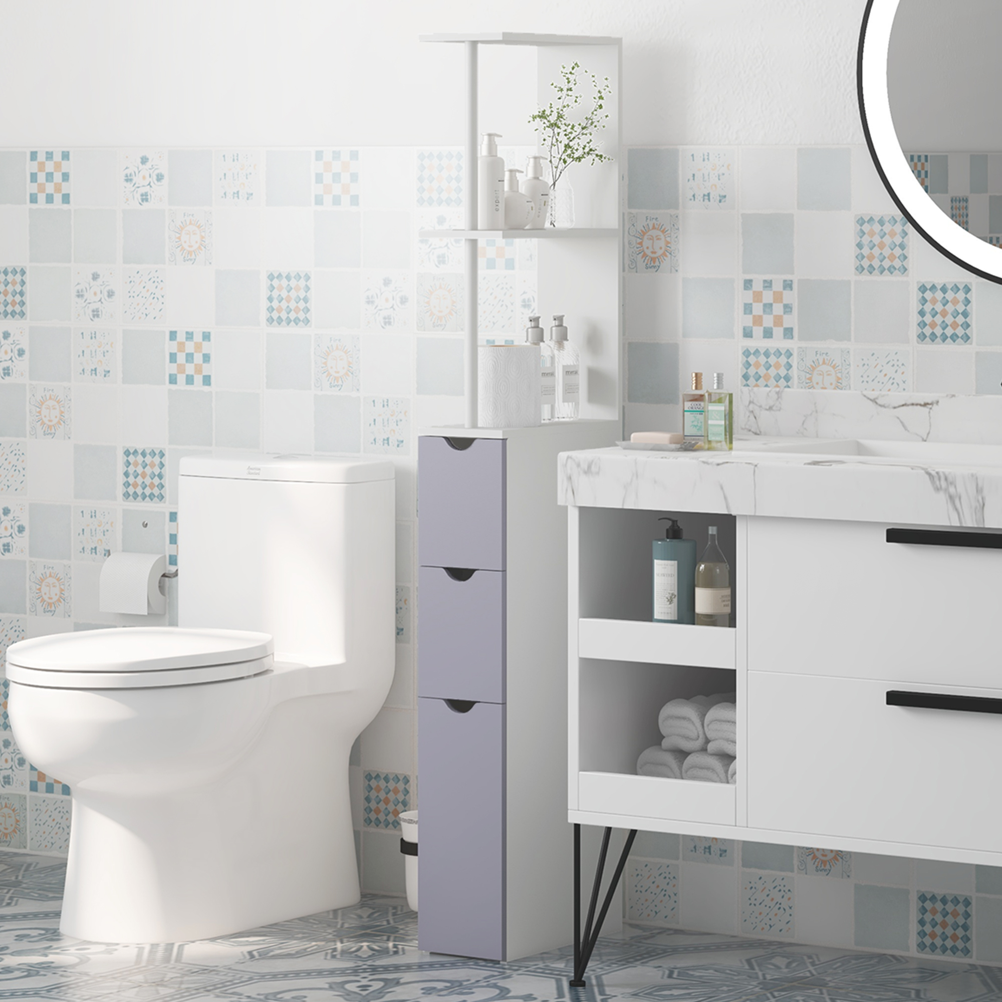 Un baño con inodoro, armario, lavabo y espejo.