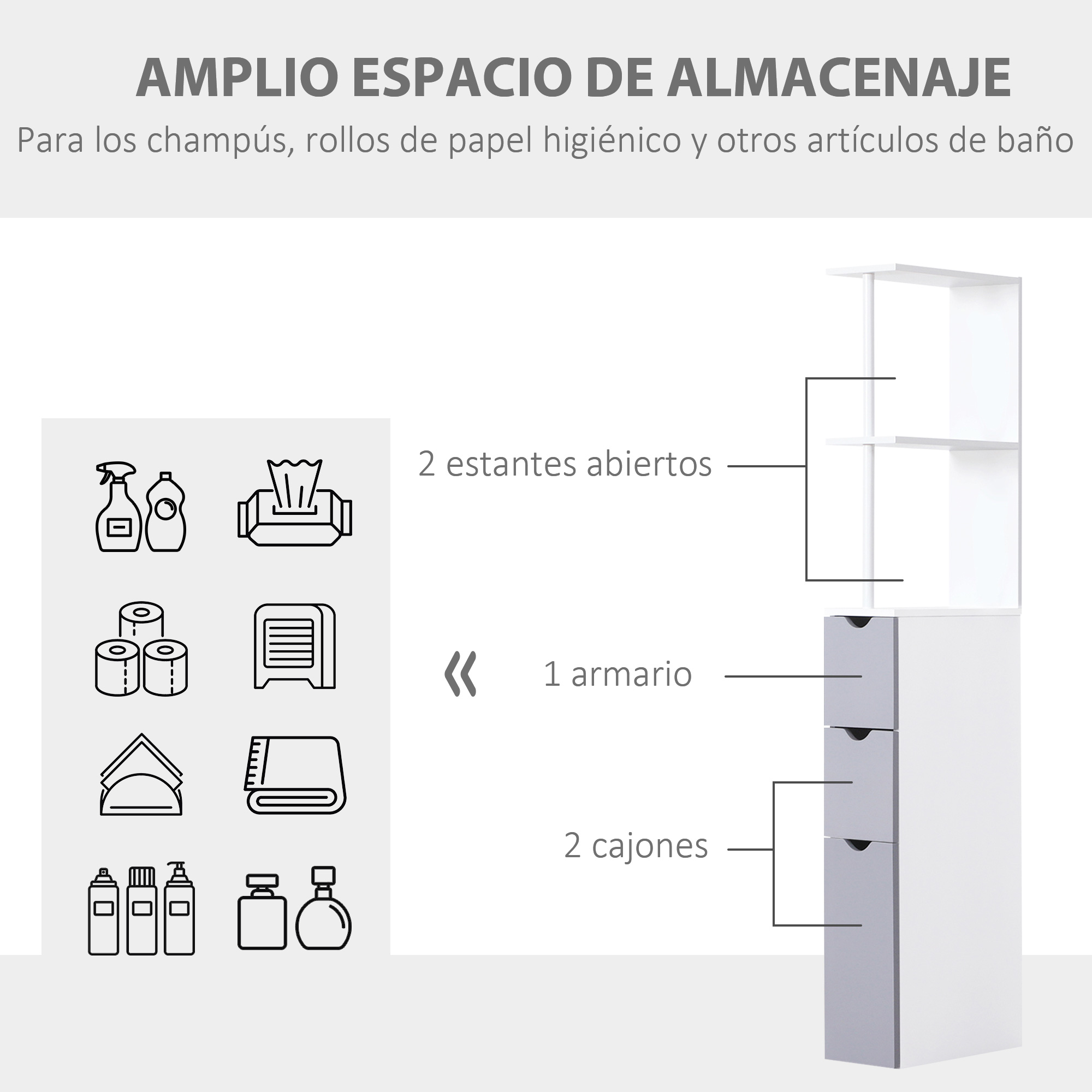 Un mueble de baño blanco con estantes abiertos, una puerta y cajones.