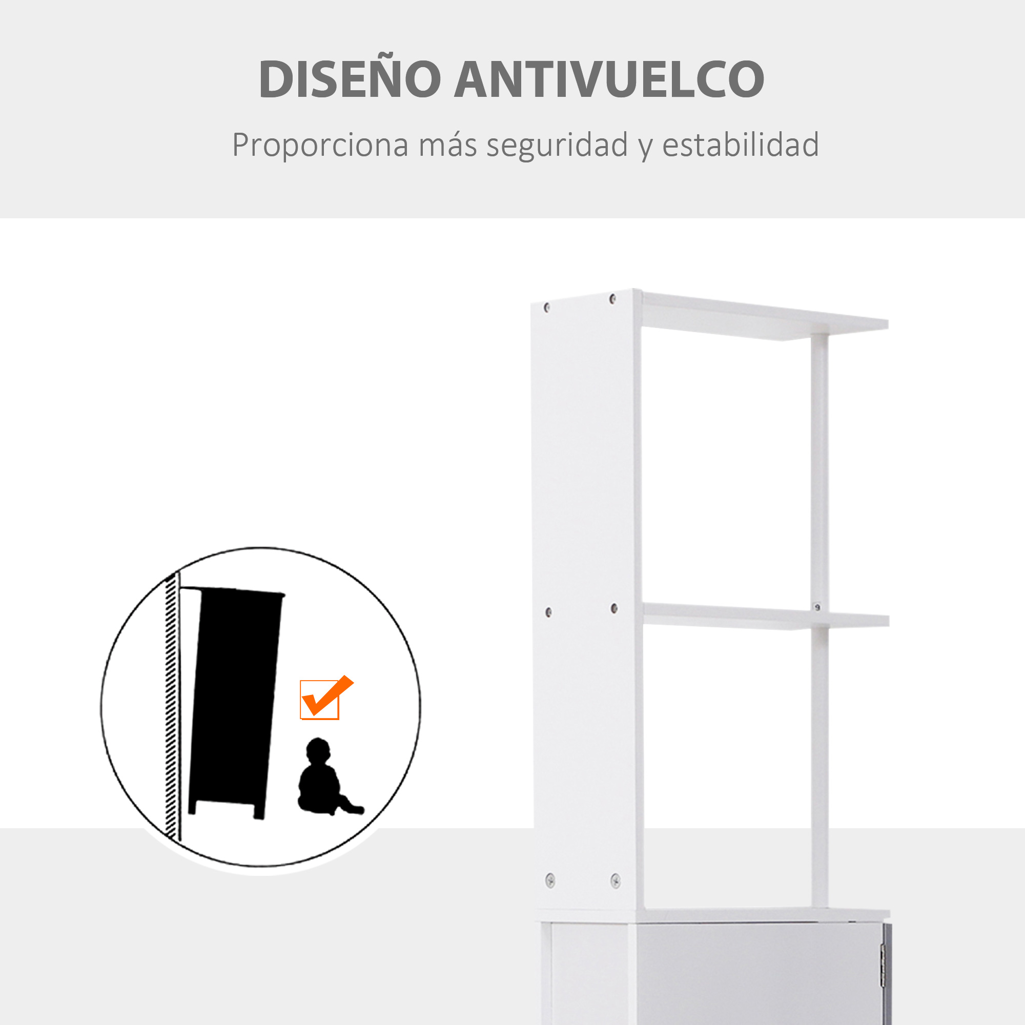 Estantería blanca con símbolo antivuelco y niño.