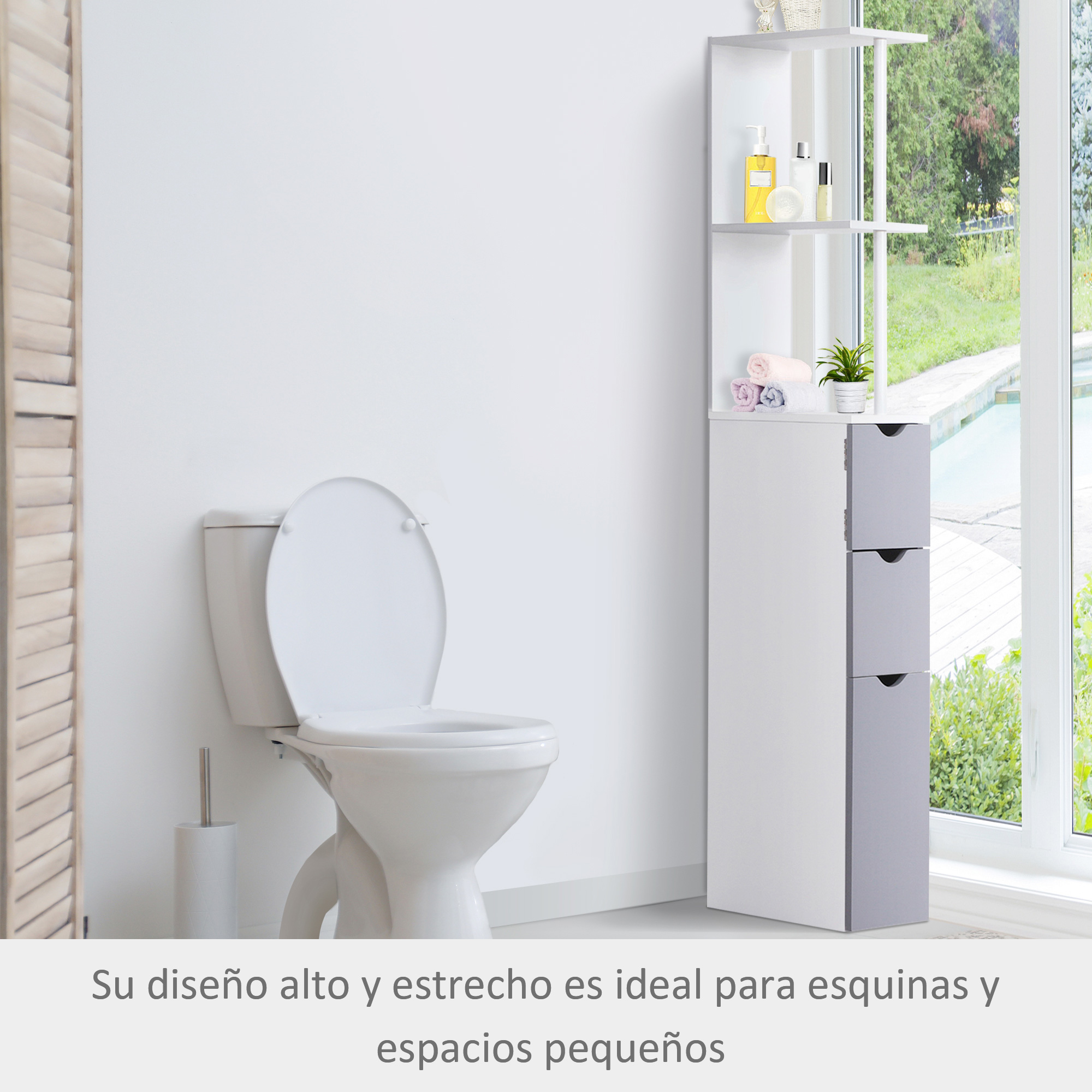 Un inodoro blanco con tapa abierta y un estrecho mueble blanco con cajones.
