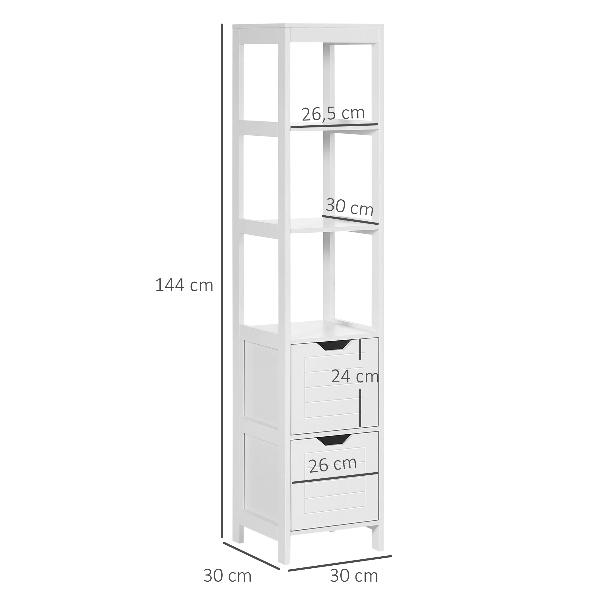 Un mueble de estantería blanco, alto y estrecho, con dos cajones.