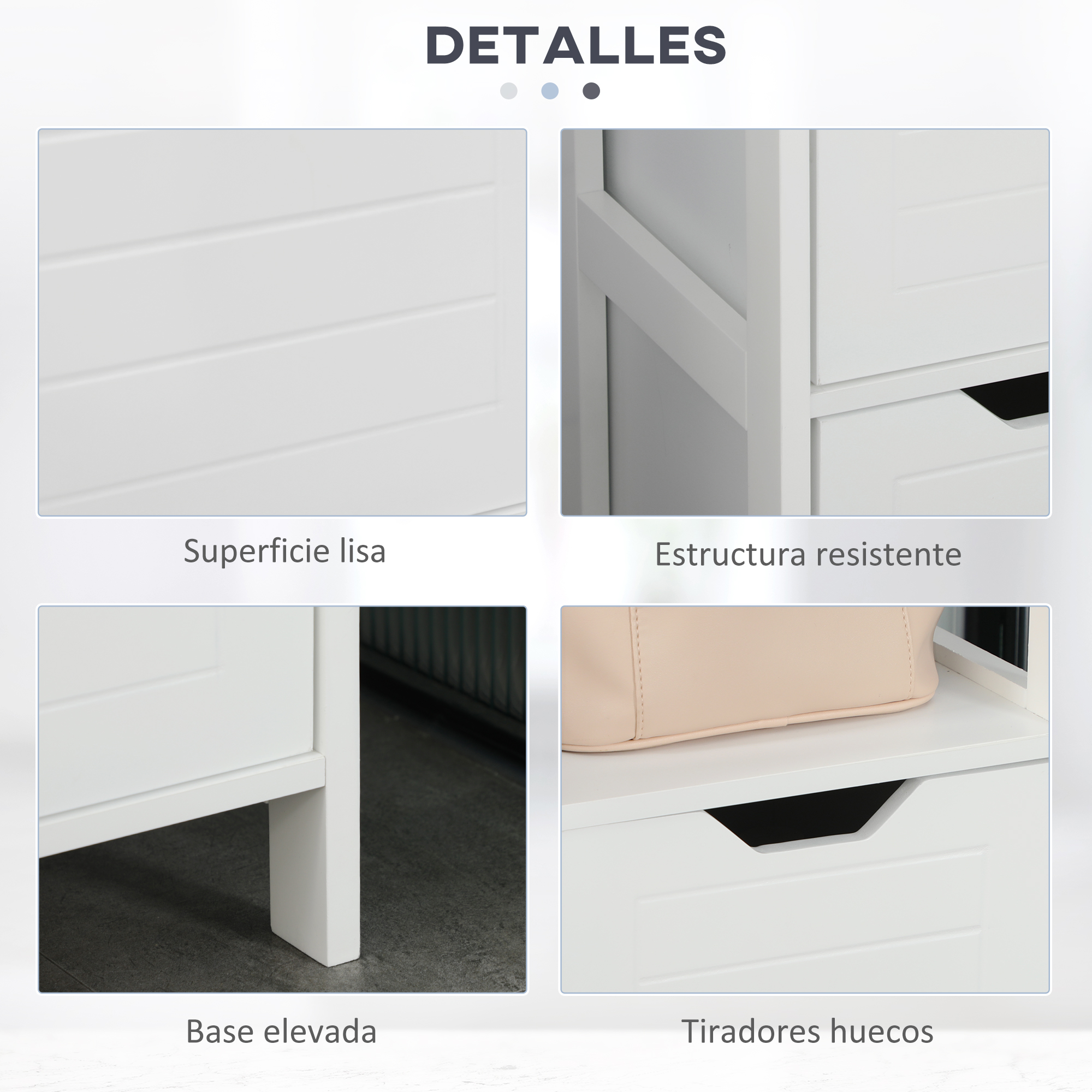 Muebles blancos con superficie lisa, estructura robusta y base elevada.