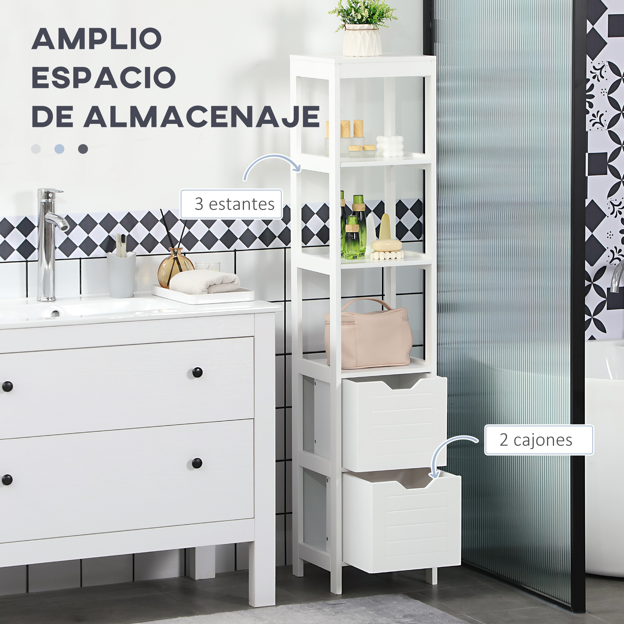 Un mueble de baño blanco con 3 estantes y 2 cajones junto a un lavabo.