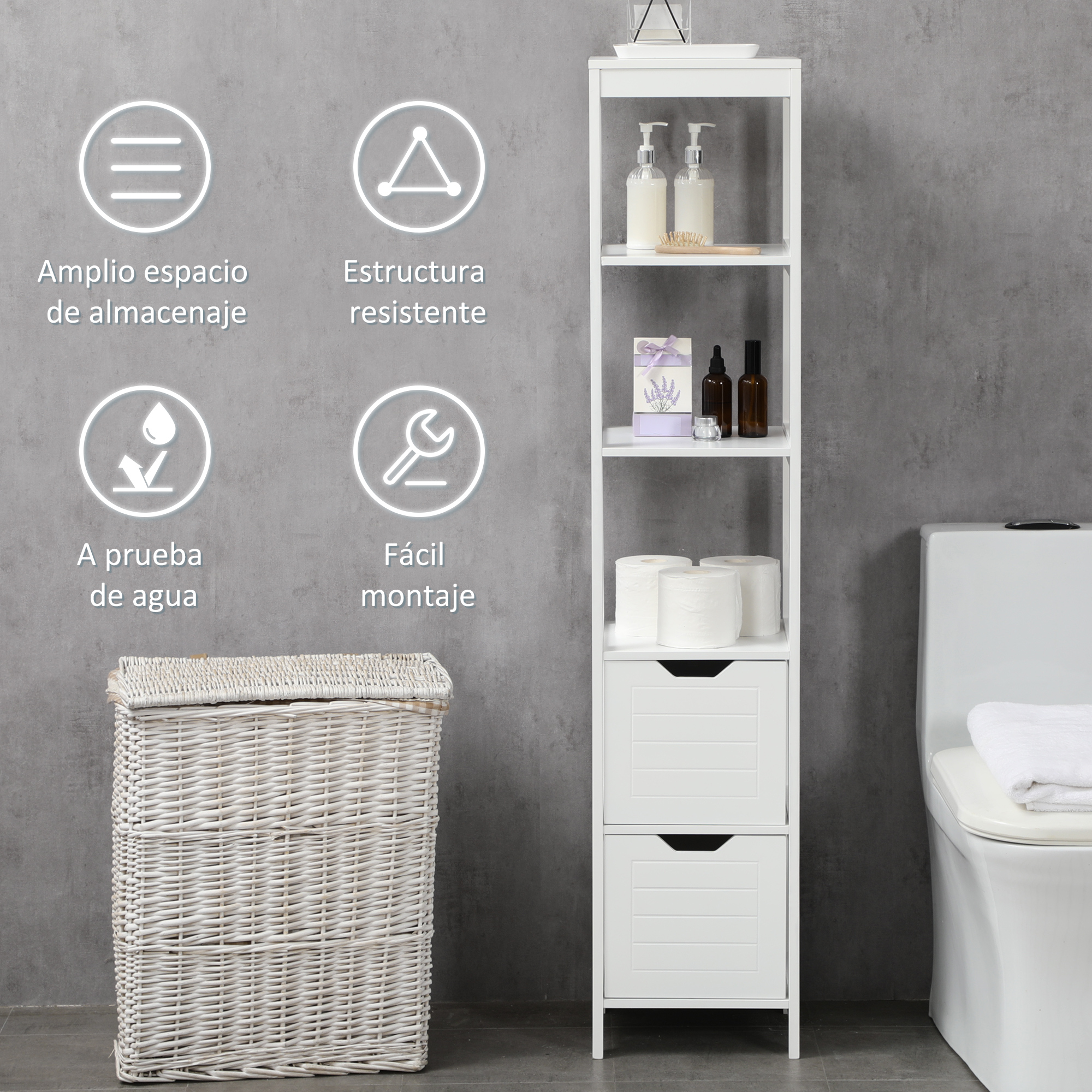 Un mueble de baño blanco con estantes y cajones junto a un inodoro.