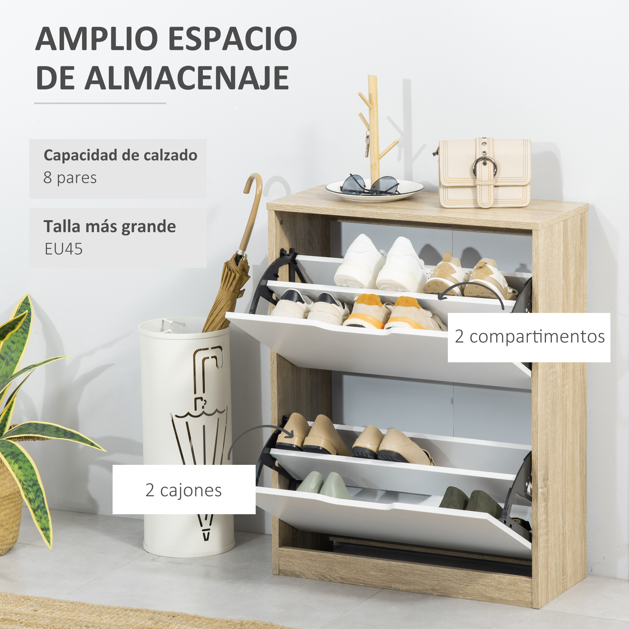 Un estrecho zapatero de madera con 2 compartimentos abatibles, lleno de zapatos.