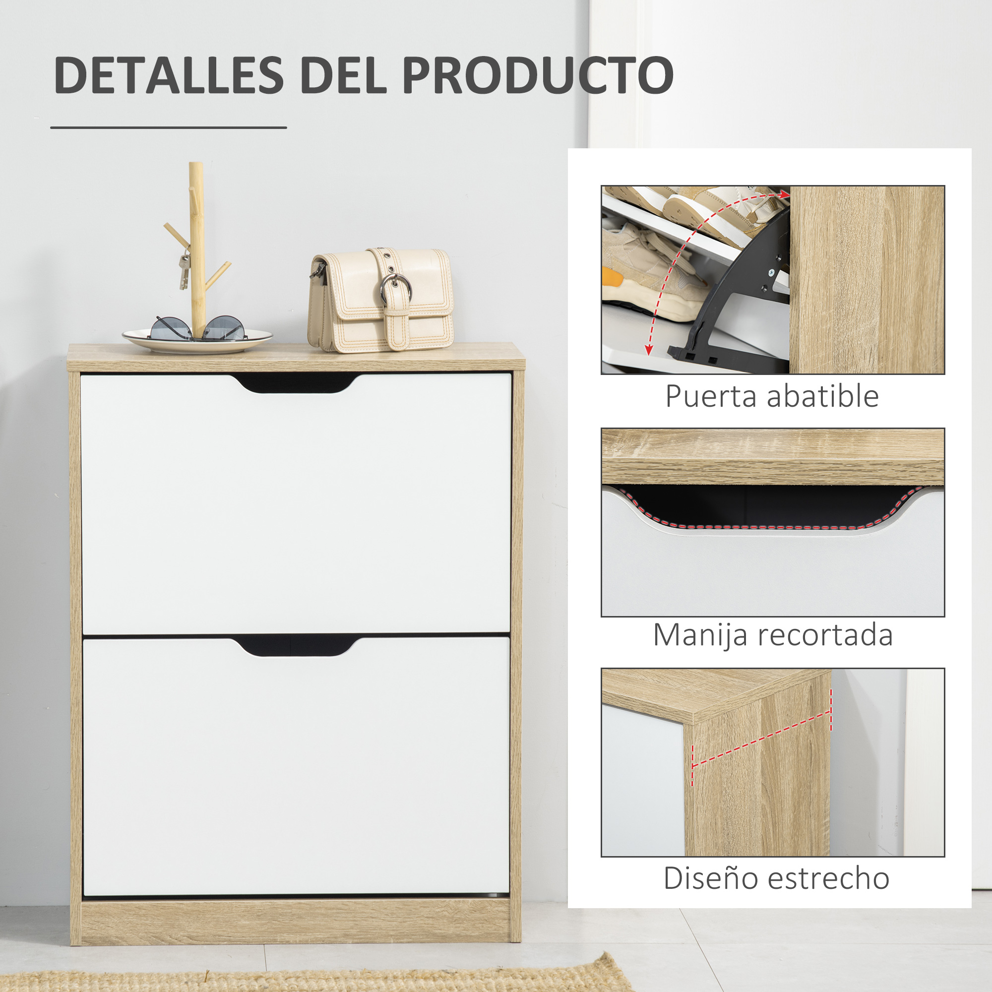 Zapatero con dos cajones blancos, tapa de madera y tres vistas detalladas.