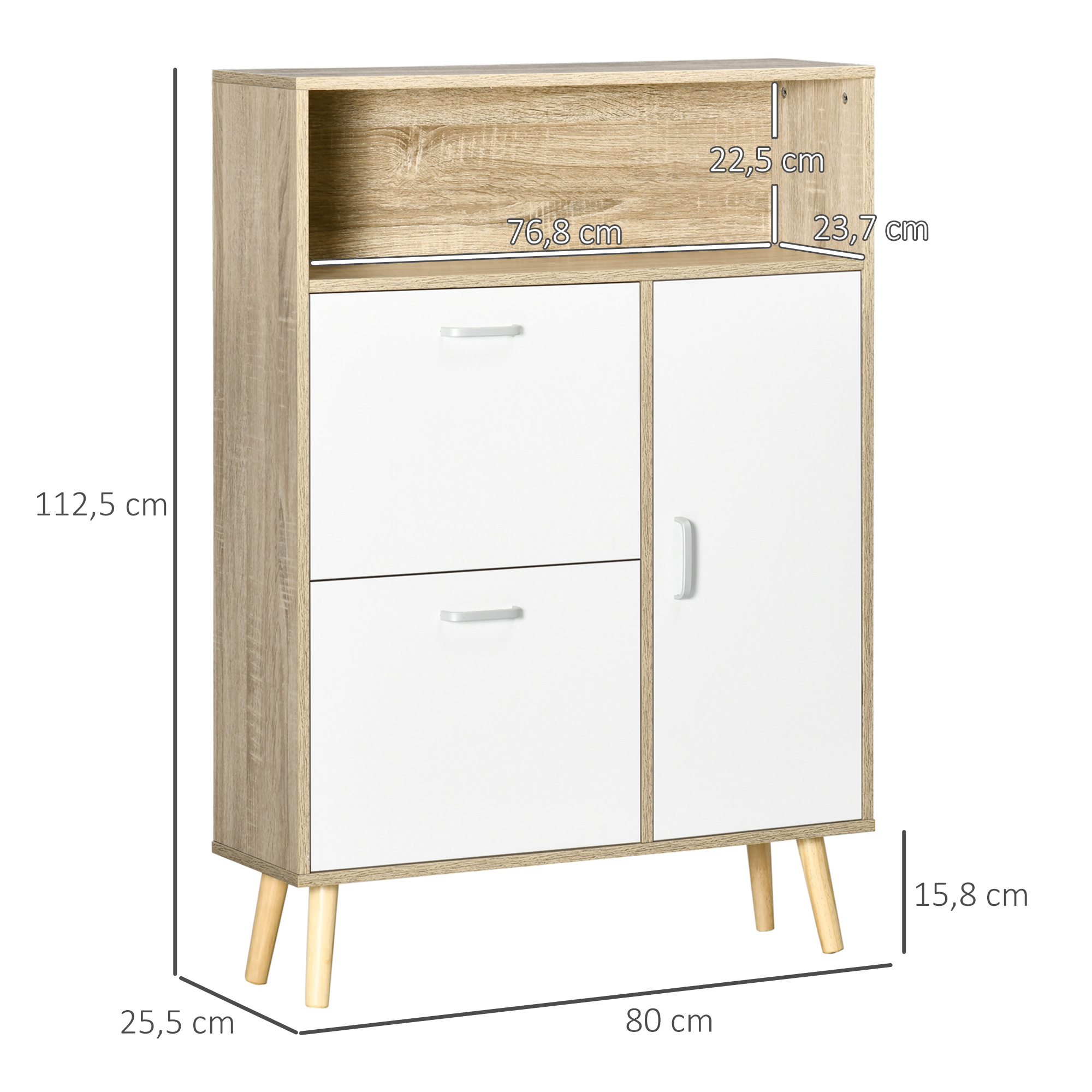 Armario de madera con dos cajones y una puerta, sobre patas.