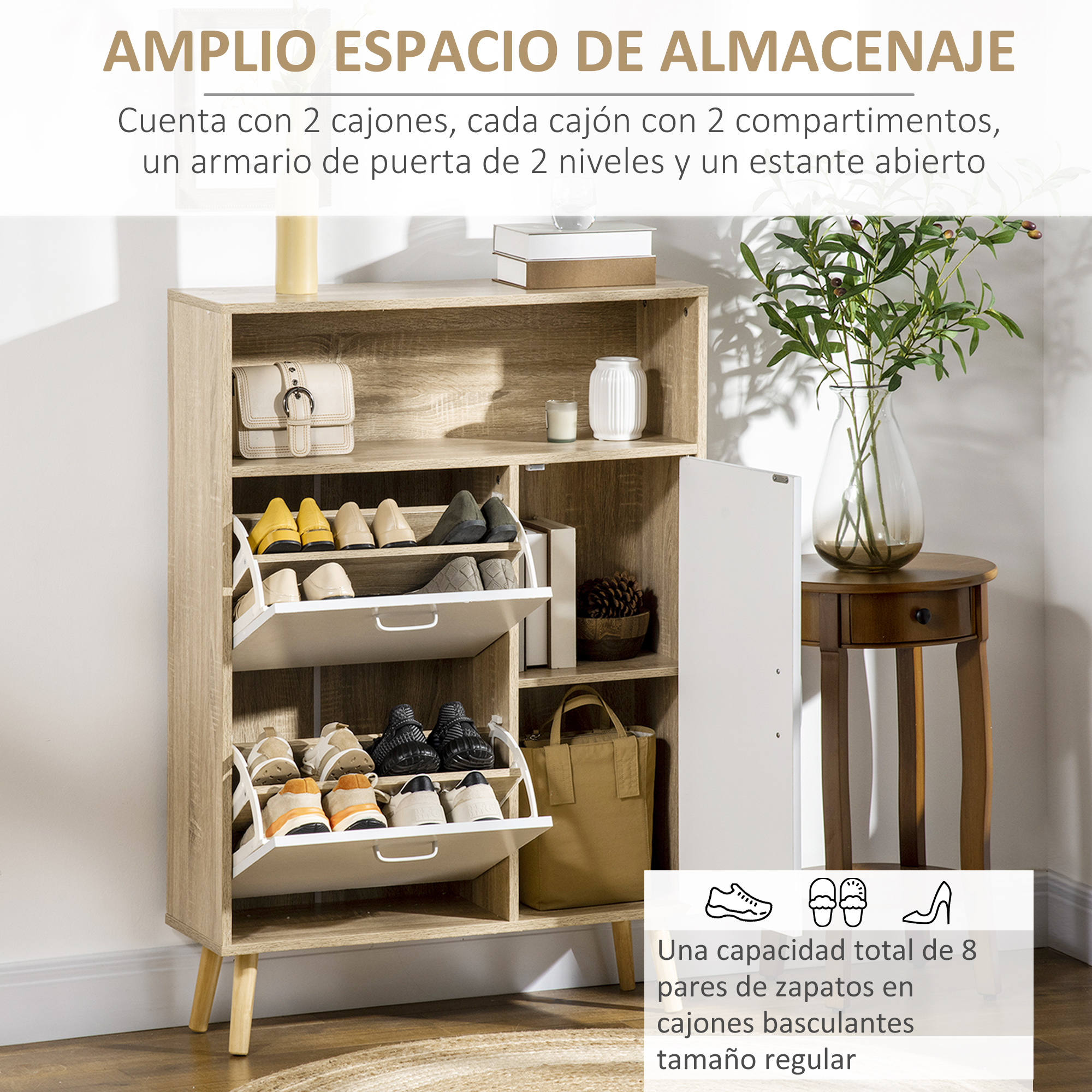 Un zapatero de madera clara con cajones abatibles, estante abierto y cajón.