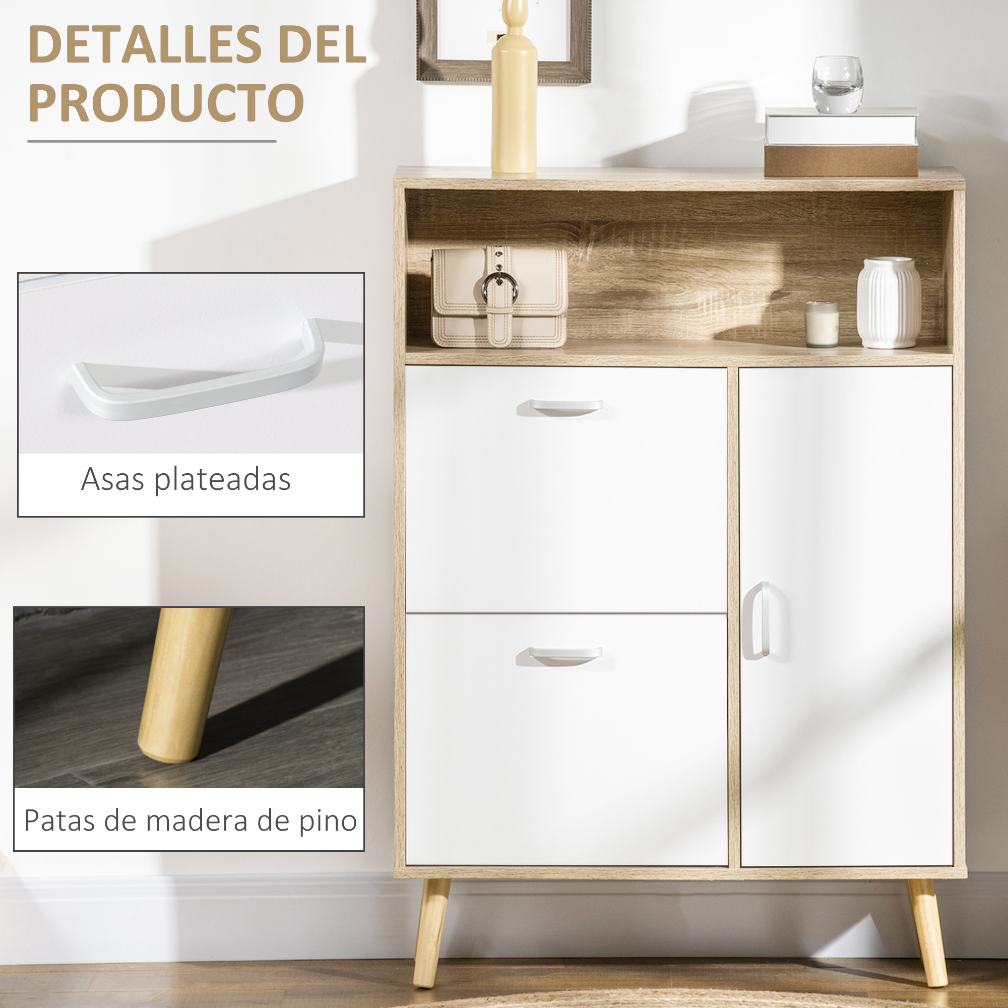 Muebles blancos con marco de madera y tiradores plateados, sobre patas.