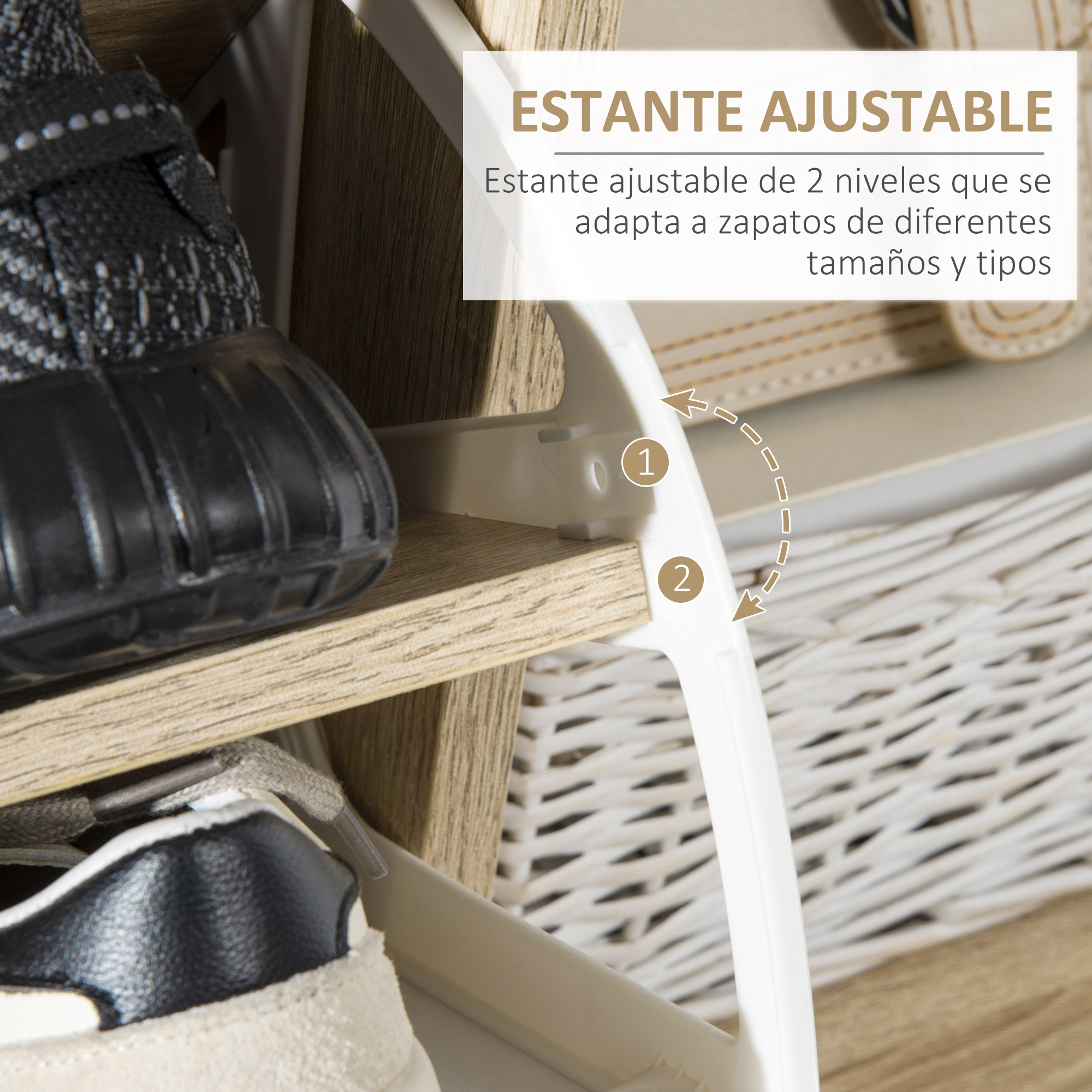 Estante de zapatos ajustable de 2 niveles con cestas.