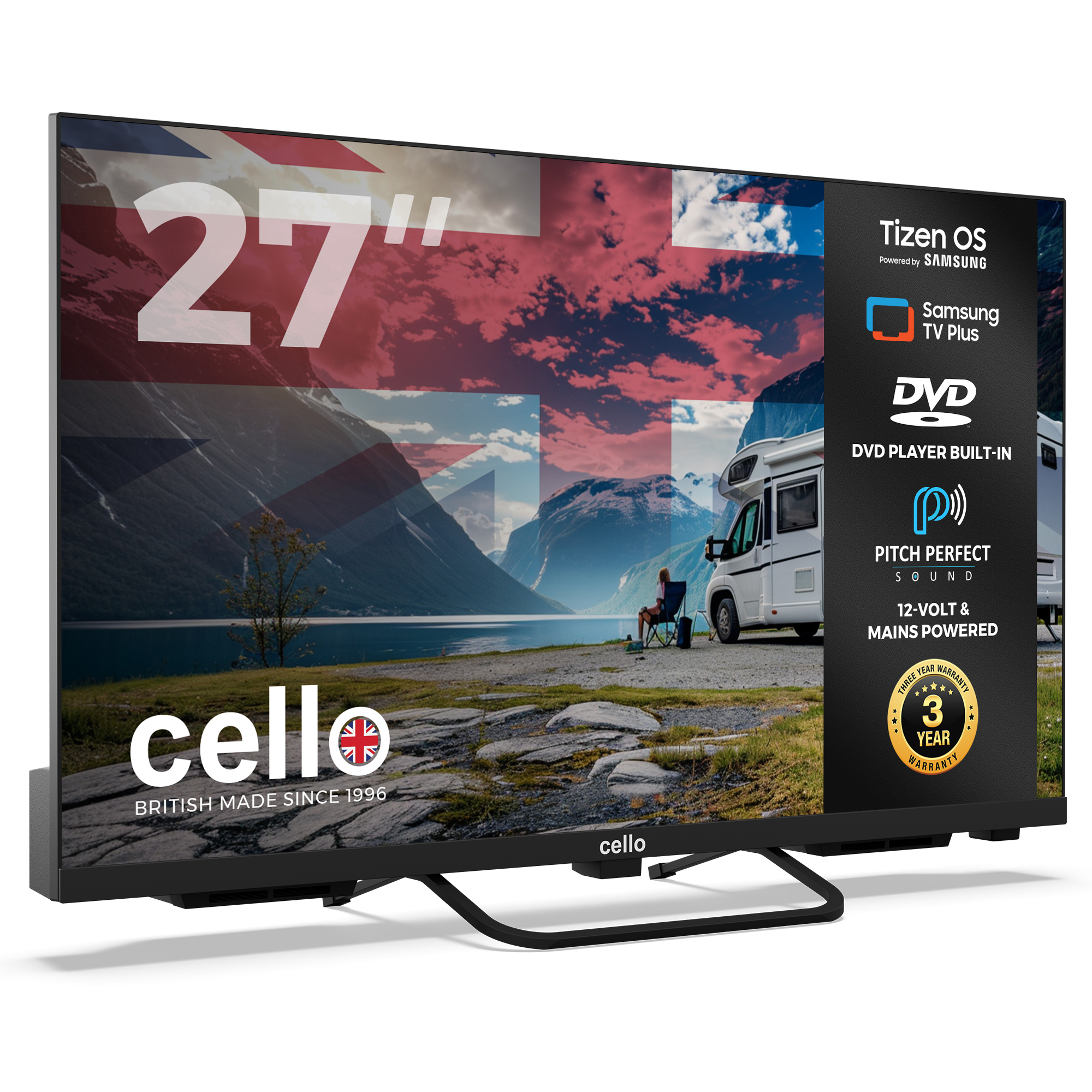 Televisor de 27 pulgadas con reproductor de DVD, Tizen OS, bandera británica.