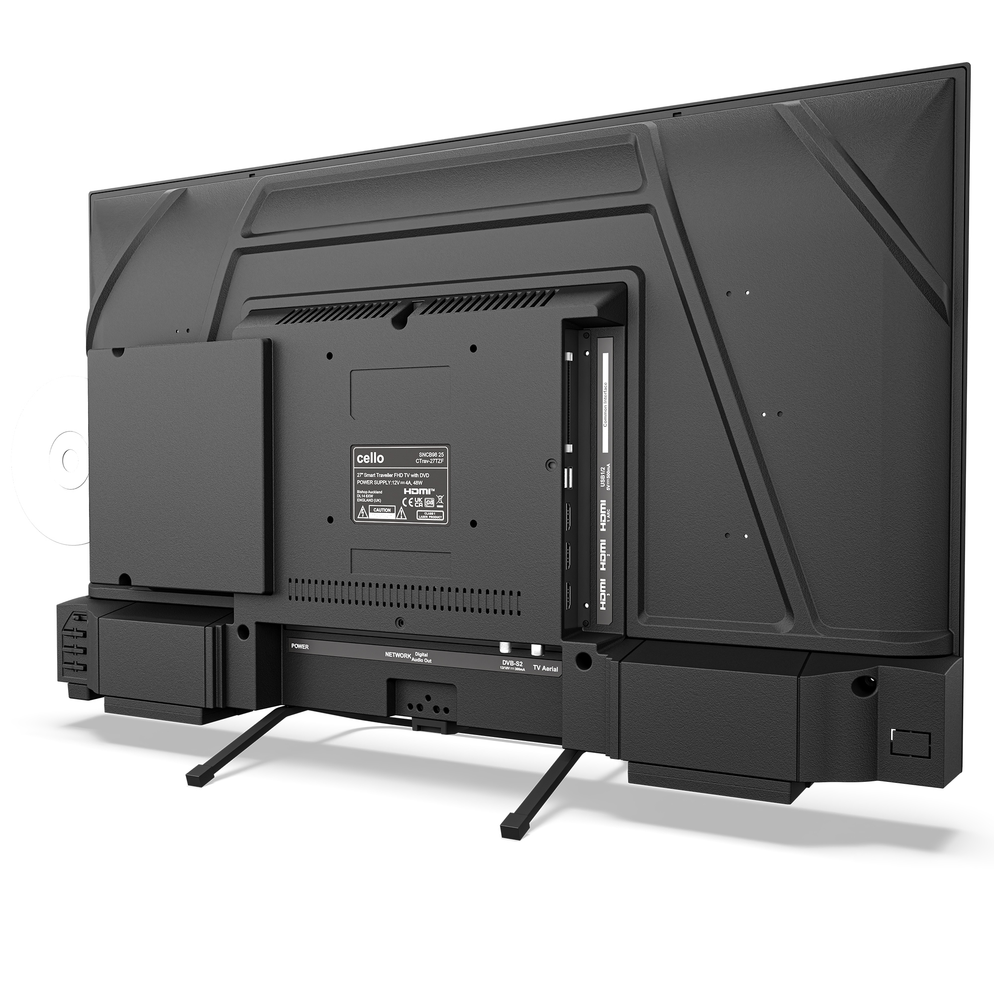 Vista trasera de un televisor negro mostrando puertos como HDMI y USB.