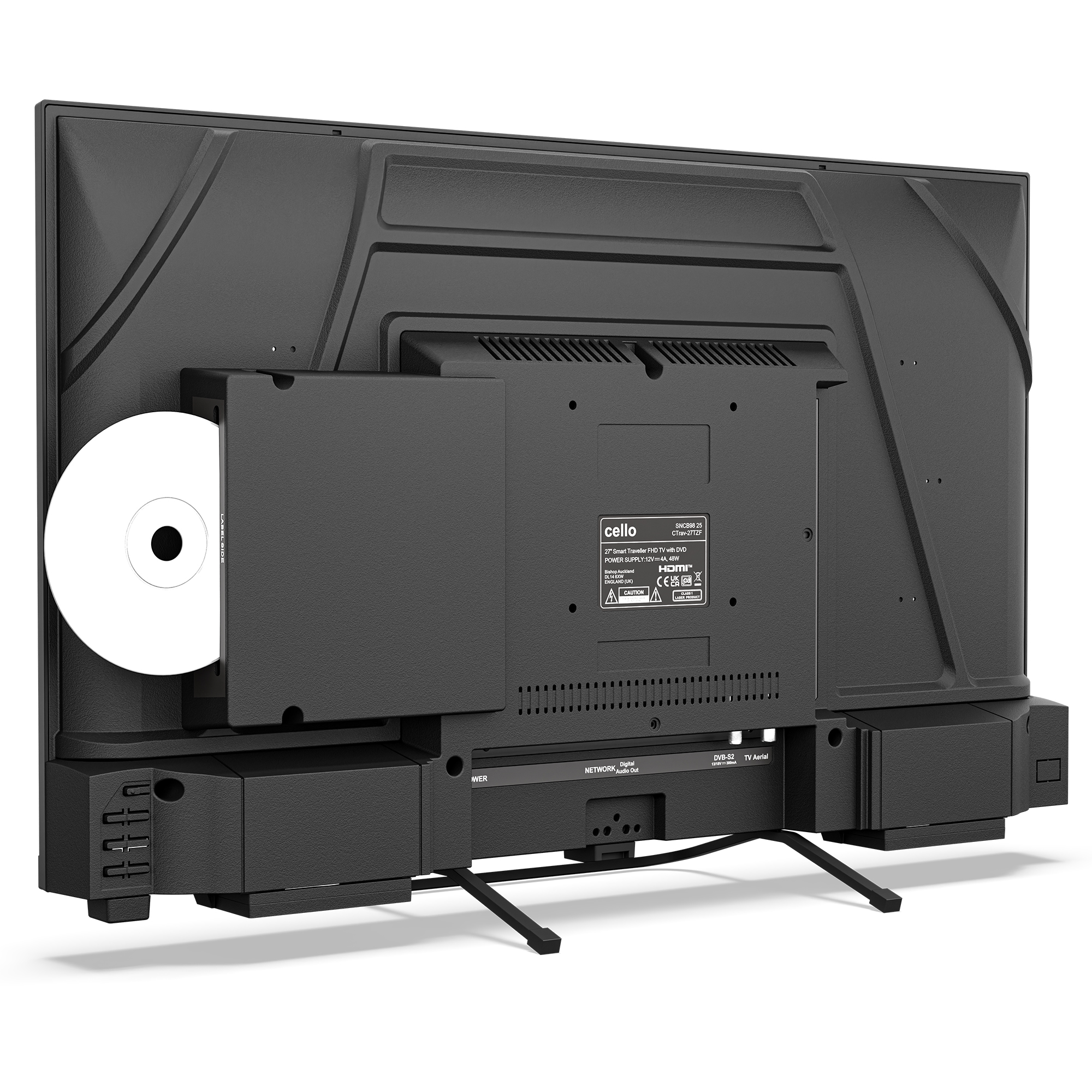 Vista trasera de un televisor negro con CD insertada y puertos visibles.