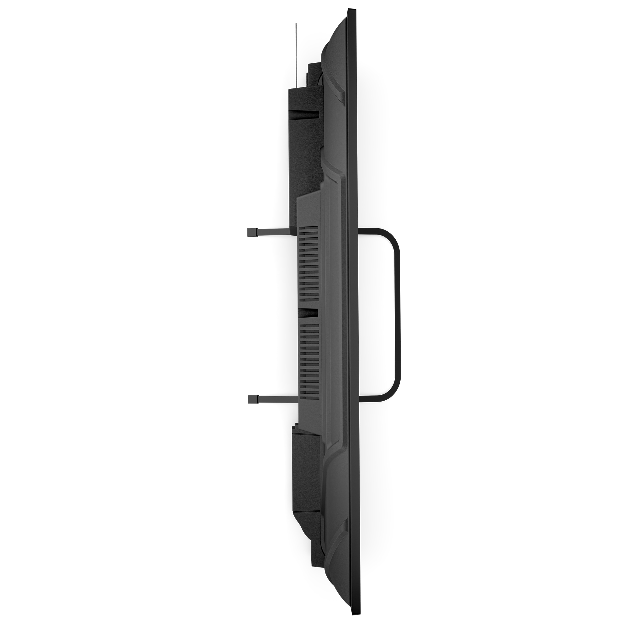 Televisor negro con soporte de pared y asa, visto de lado.