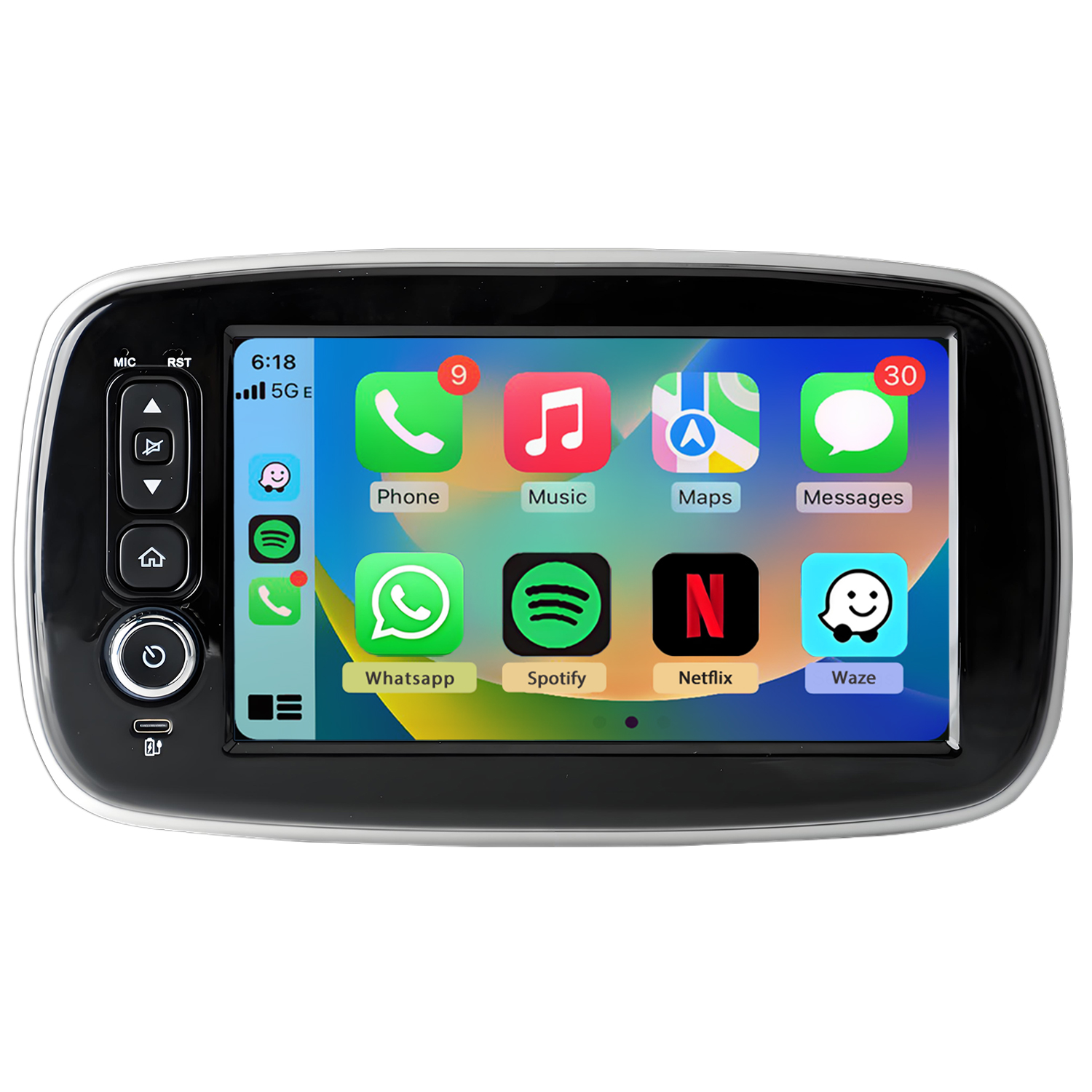 Uno schermo di infotainment per auto mostra le icone delle app: Telefono, Musica, Mappe, Messaggi, Whatsapp, Spotify, Netflix, Waze.