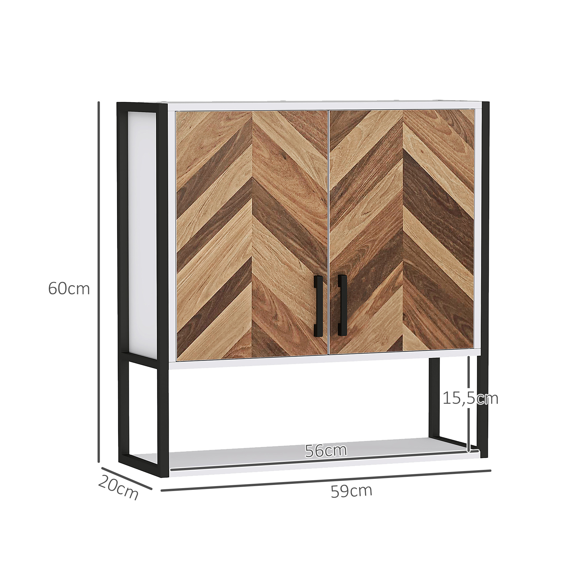 Un mueble de pared con patrón de madera, marco de metal negro y medidas.