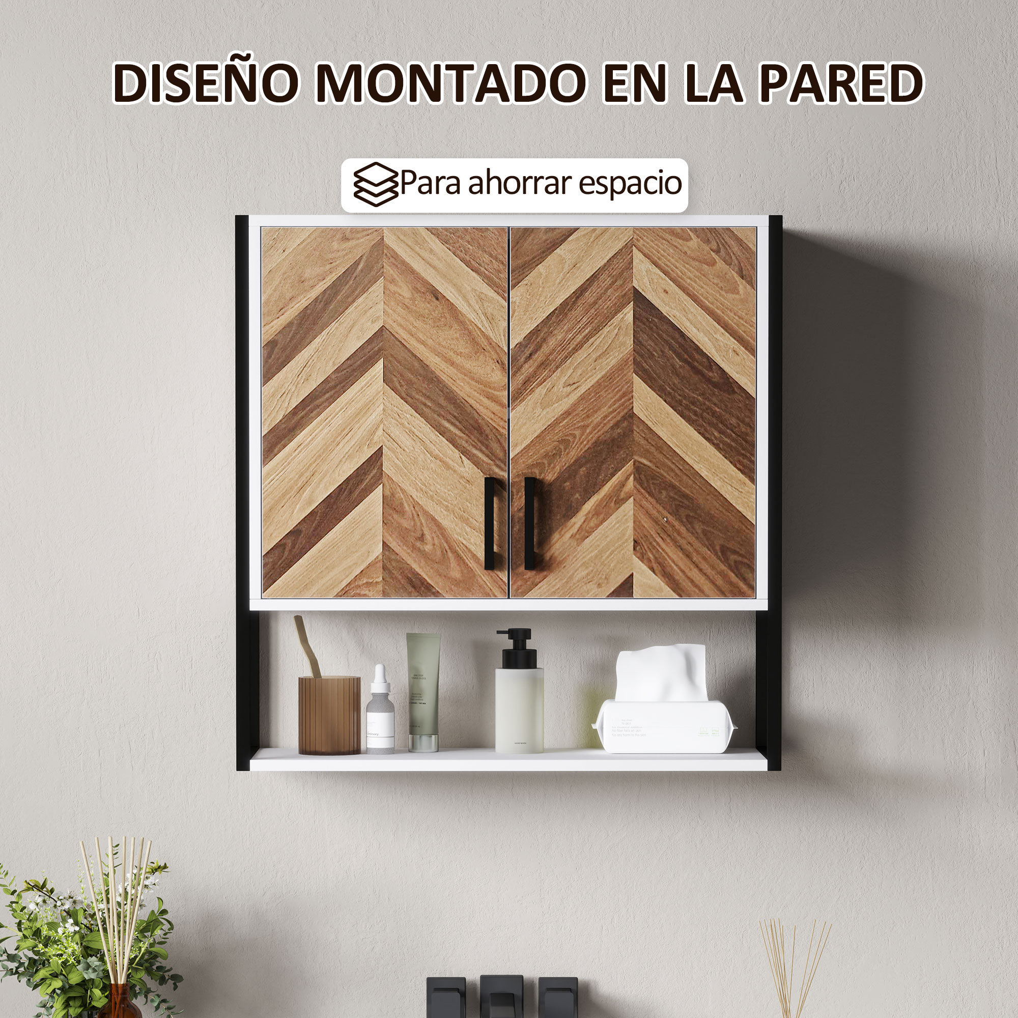 Armario de pared con puertas de madera y estante inferior con artículos.