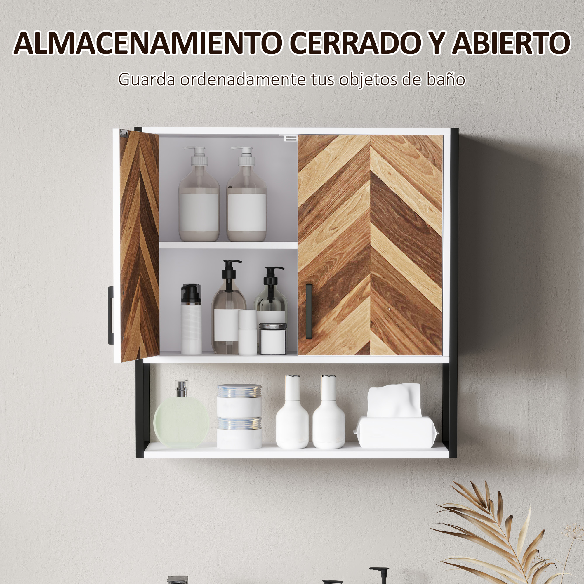Armario de baño con puertas de madera, abierto mostrando jabones y toallas.