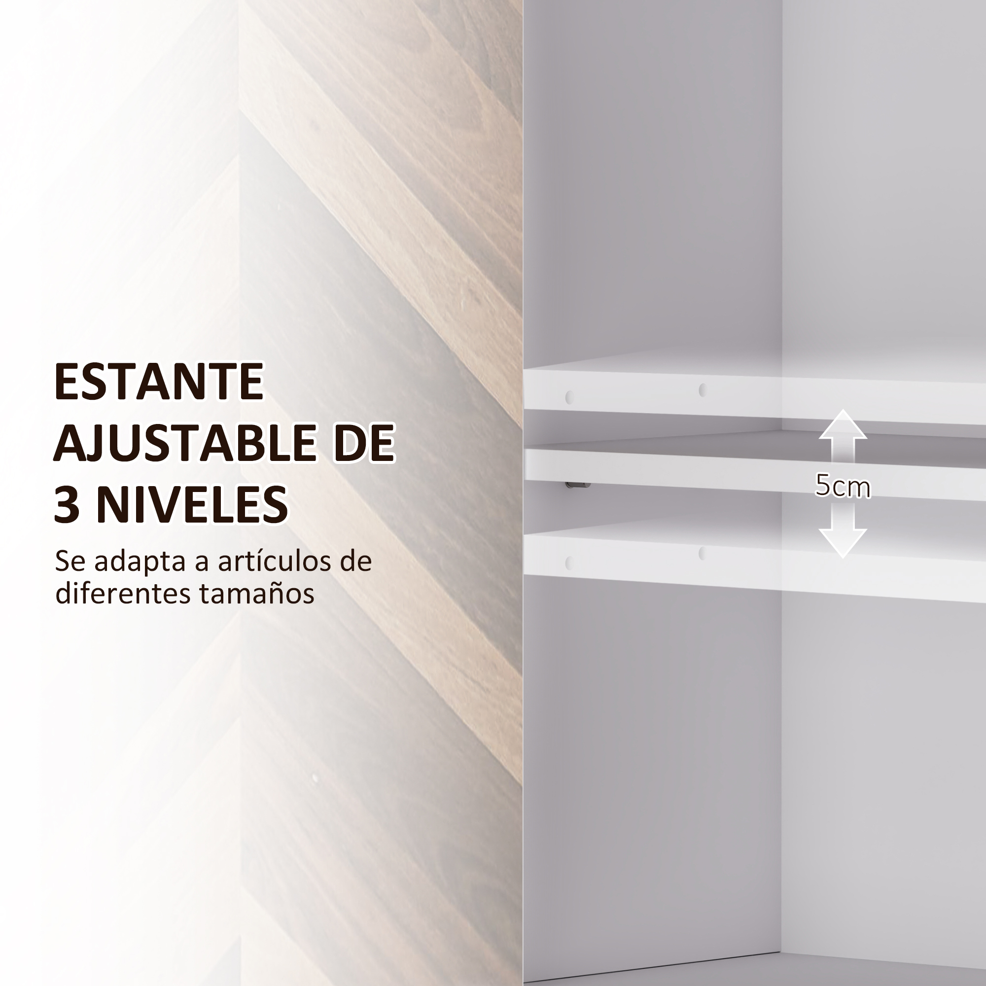 Un estante blanco de tres niveles con flechas que indican un ajuste de altura de 5 cm.