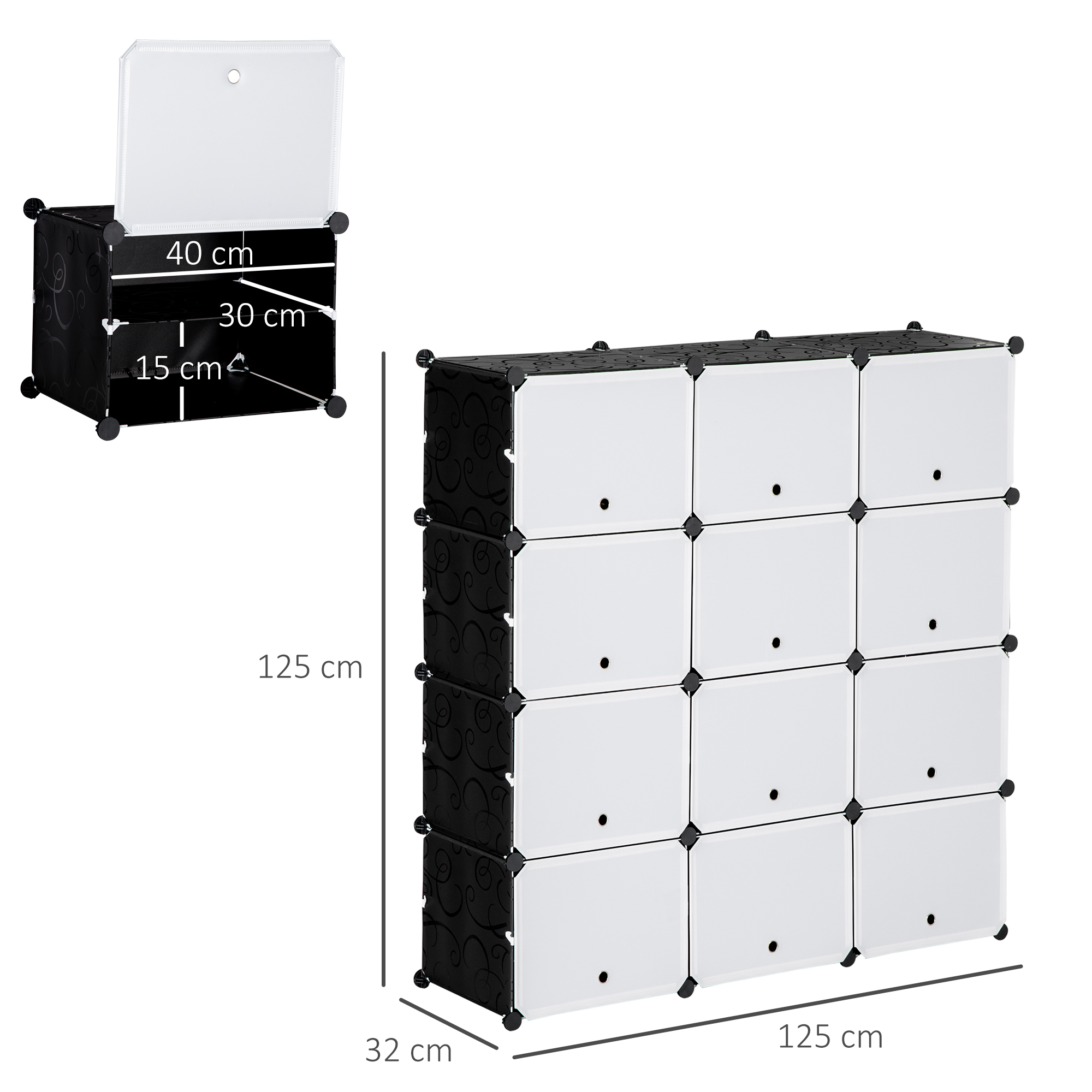 Un armario modular negro con puertas blancas, 4x3 cubos.