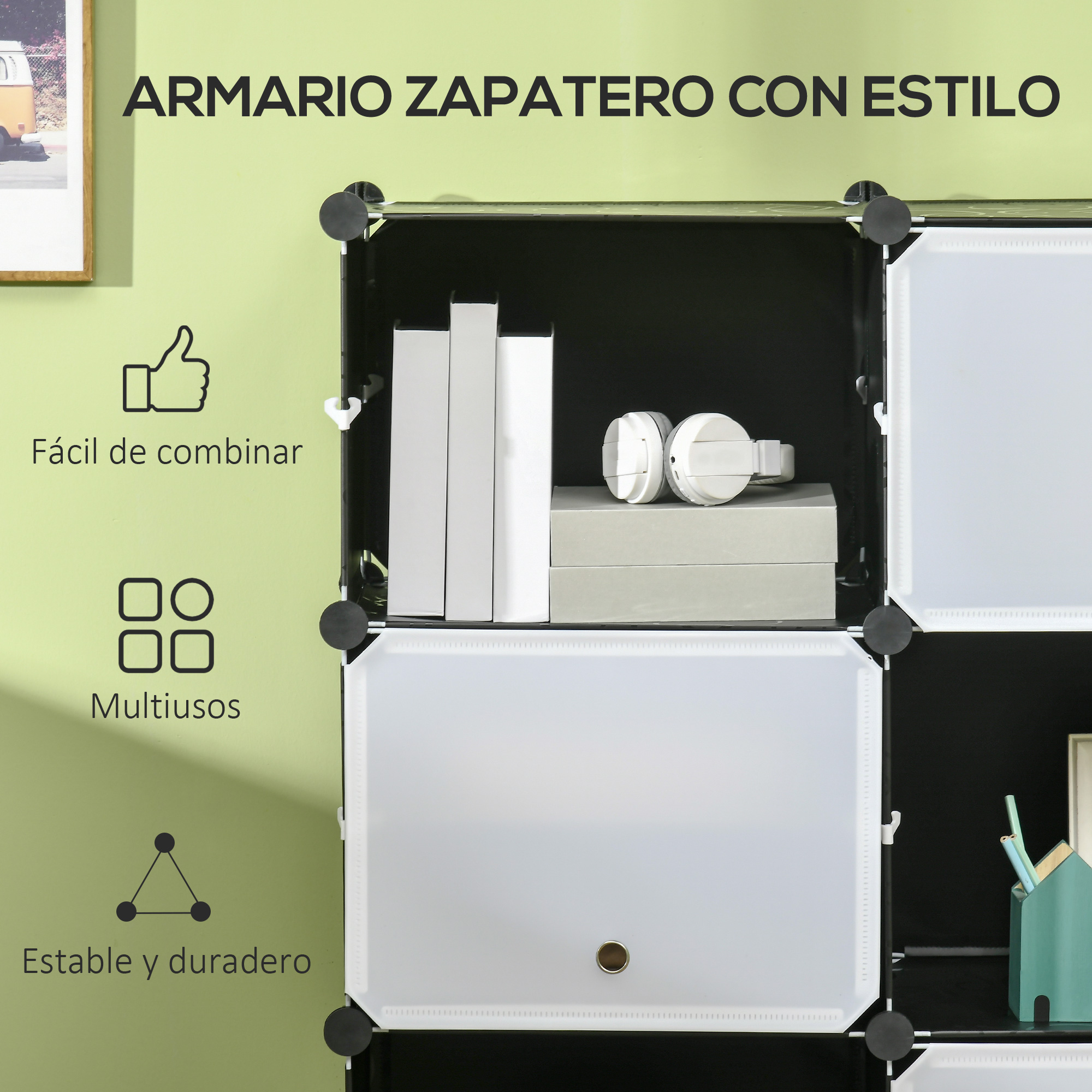 Un armario modular con puertas blancas y marco negro. Contiene libros blancos y auriculares.