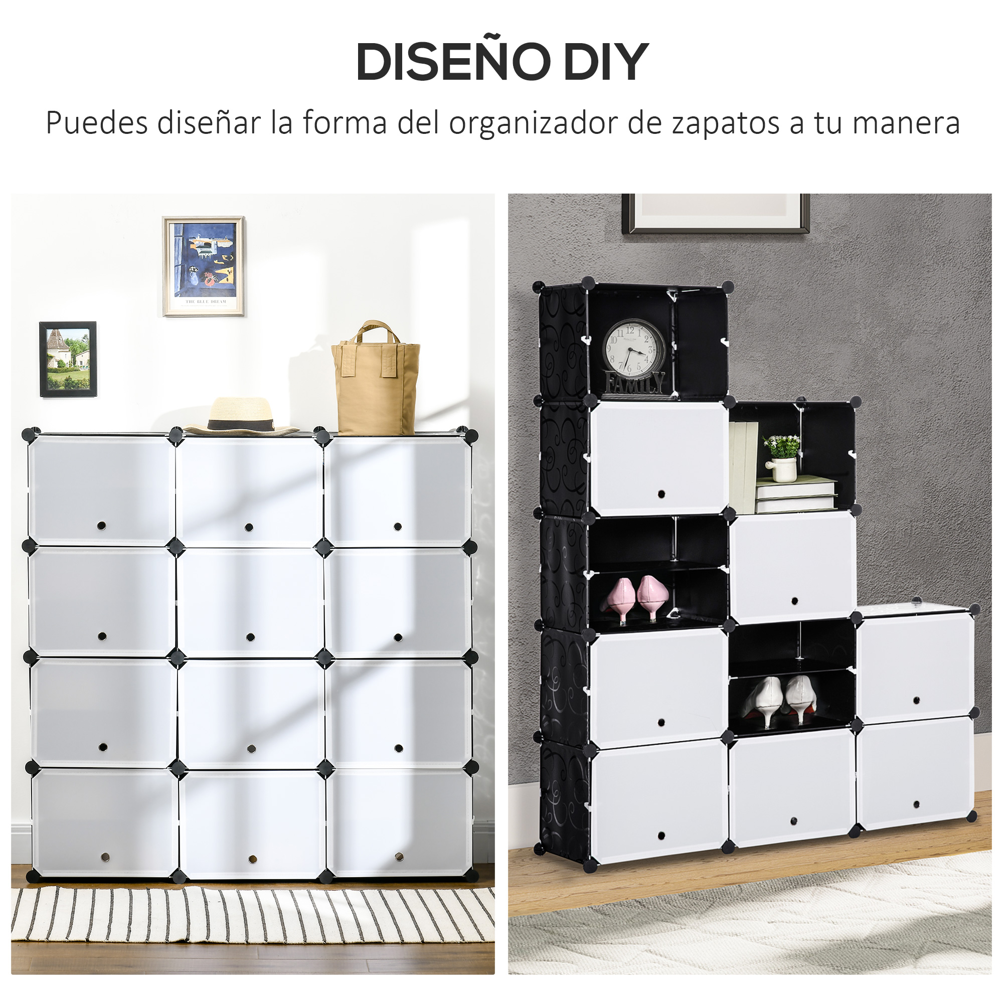 Dos unidades de almacenamiento modulares: una blanca, una negra/blanca con zapatos.