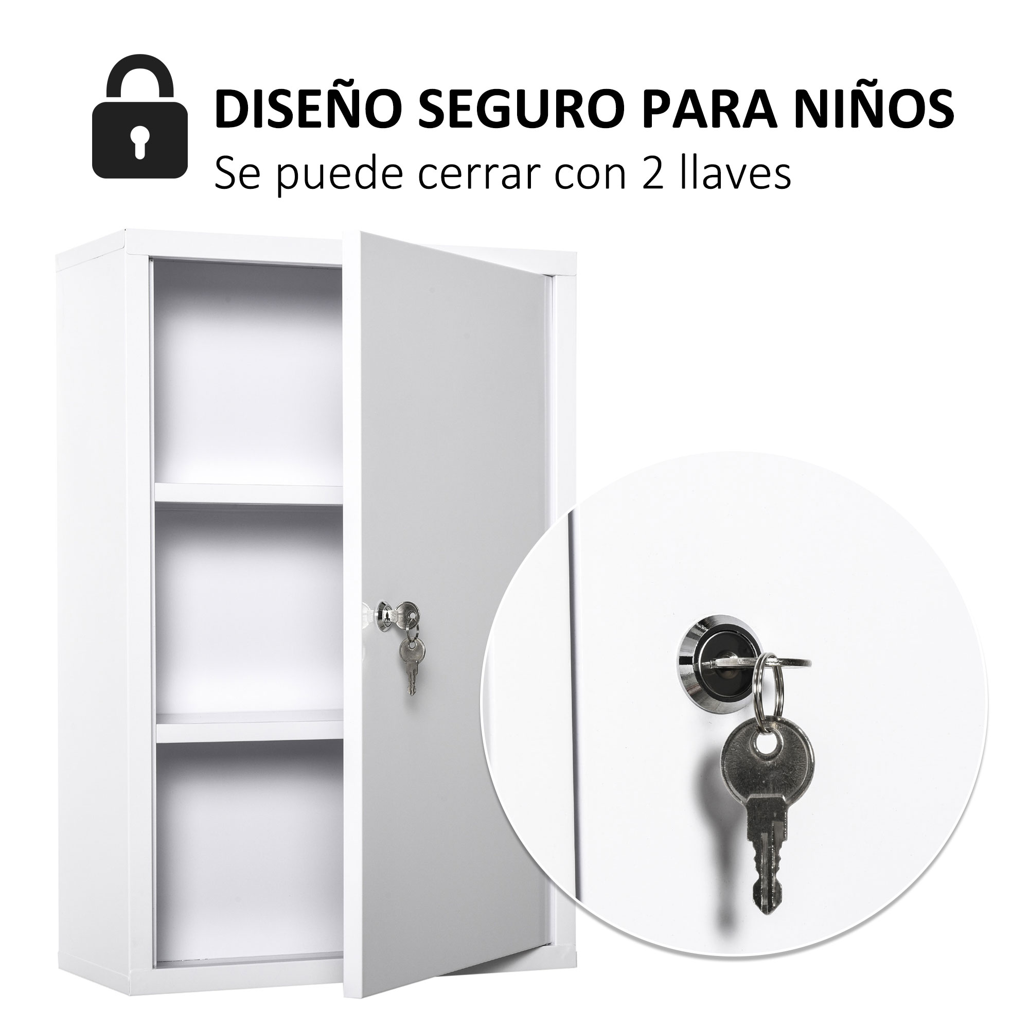 Un armario metálico blanco con dos puertas abiertas y estantes. Una llave está en la cerradura.