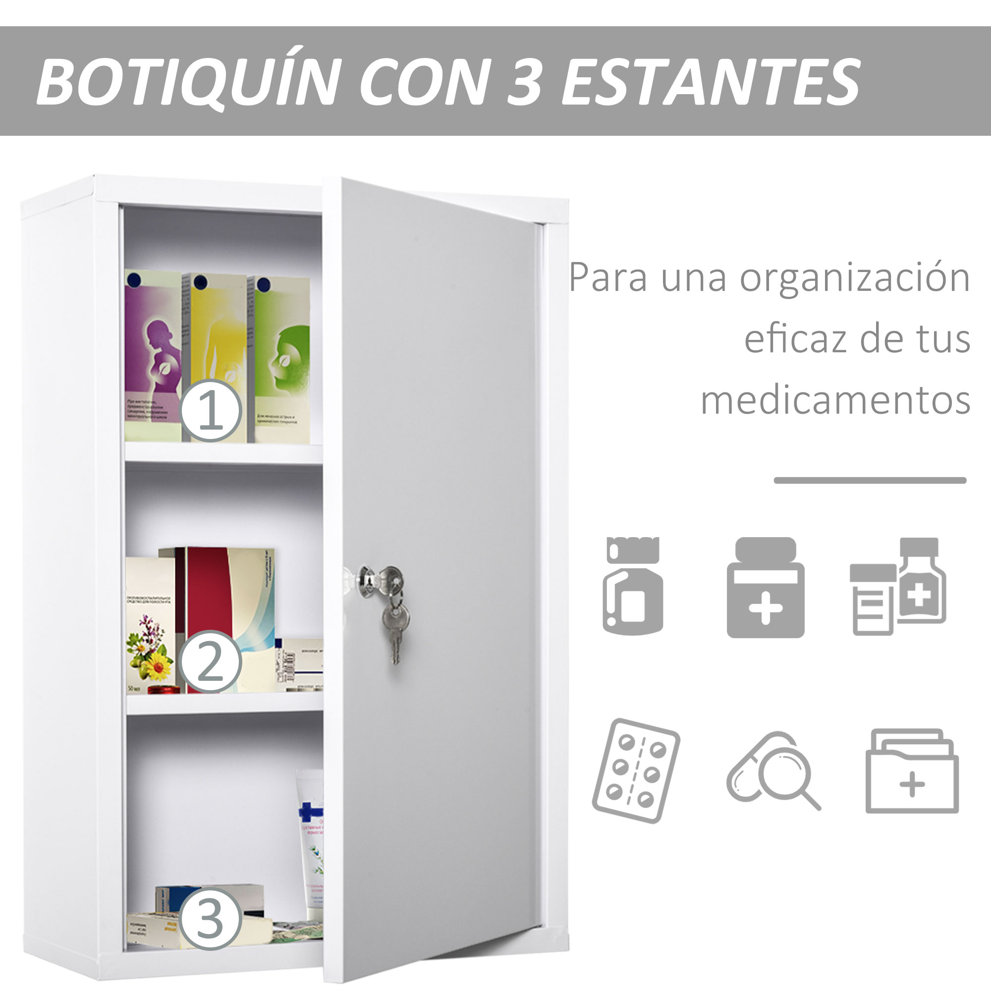Un botiquín blanco con tres estantes, lleno de medicamentos.