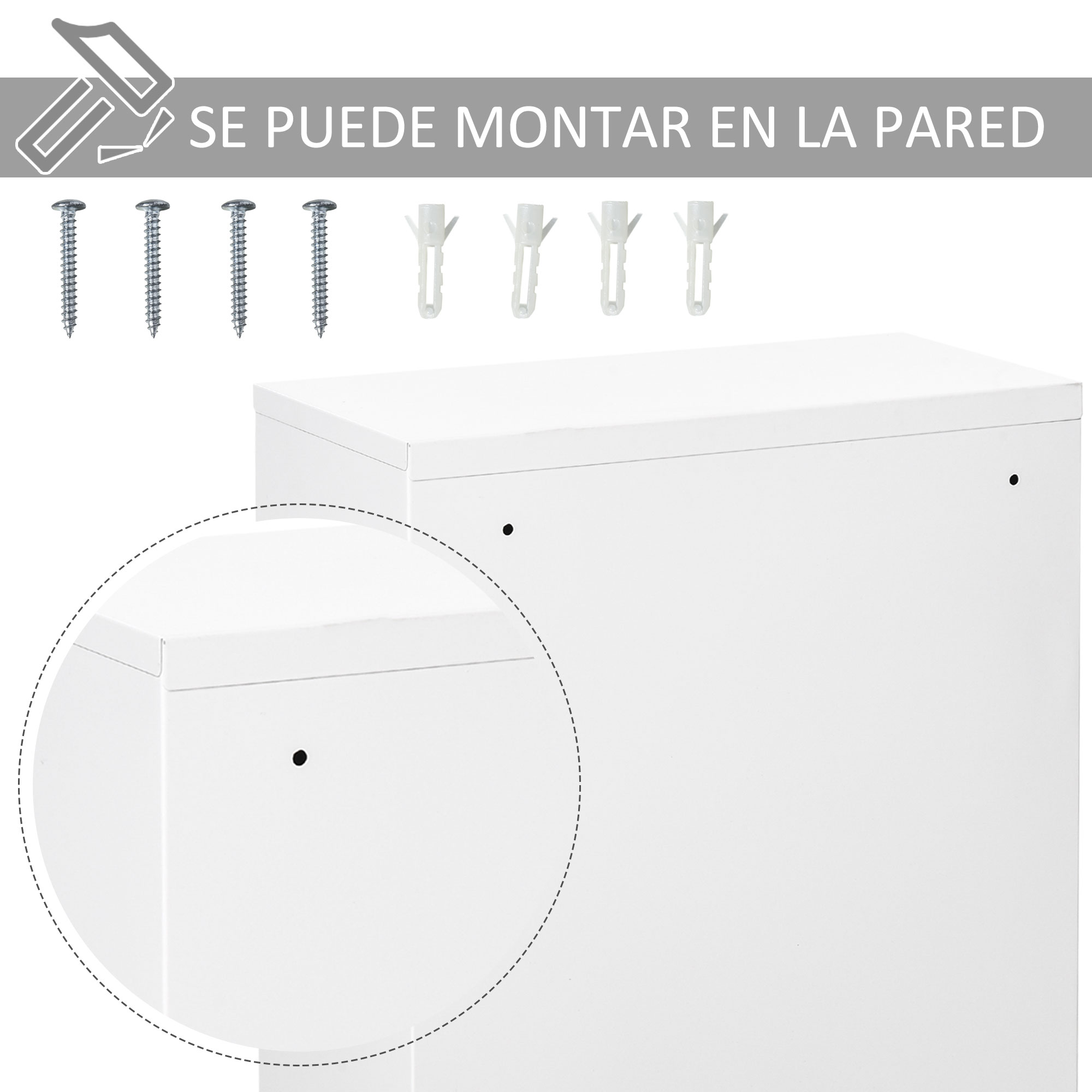 Piezas de armario blancas con tornillos y tacos, indicación de montaje.