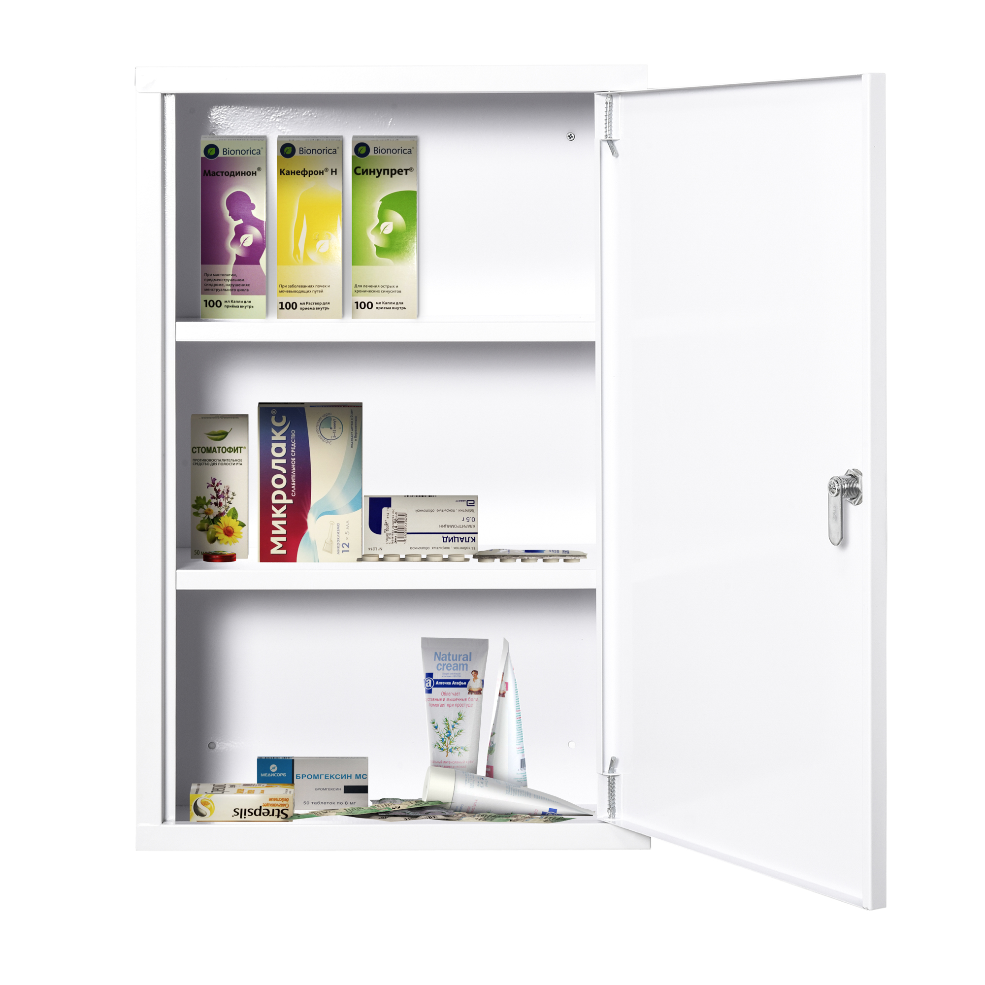 Un botiquín blanco con puertas abiertas, lleno de medicamentos y cremas.