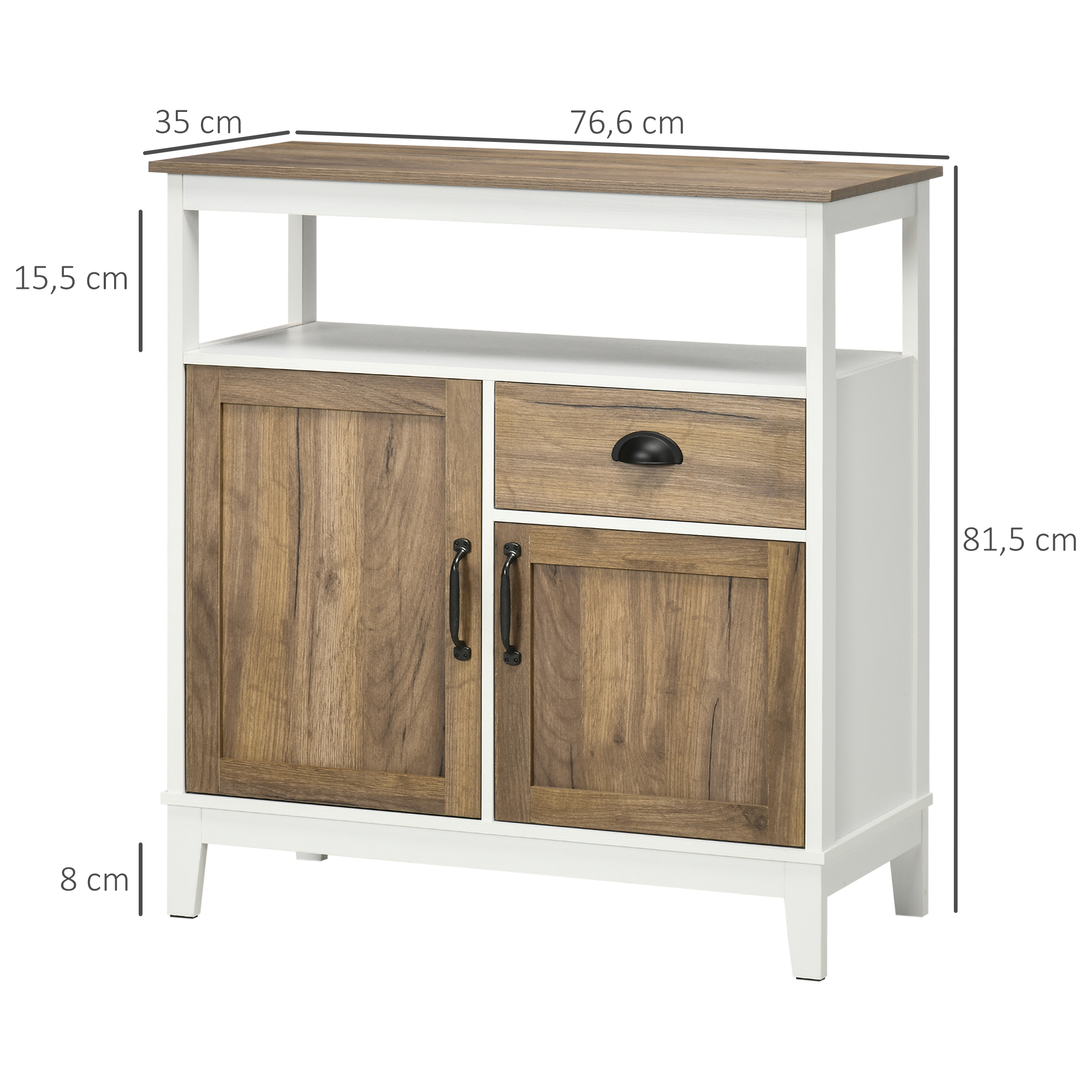 Mueble blanco con puertas de madera y cajón. Se muestran las medidas.