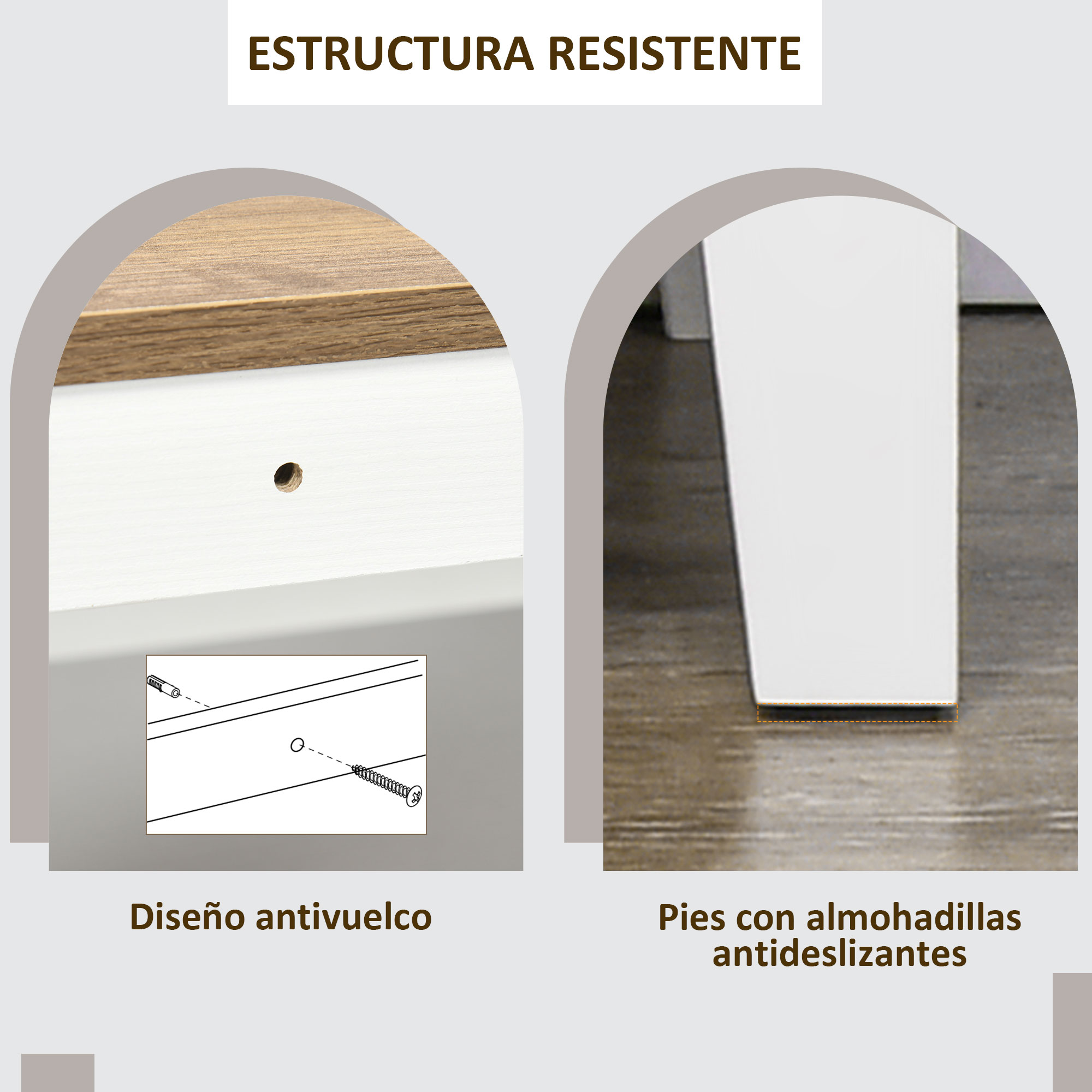 Primer plano: Agujero en madera blanca con tornillo. Patas blancas sobre suelo de madera.