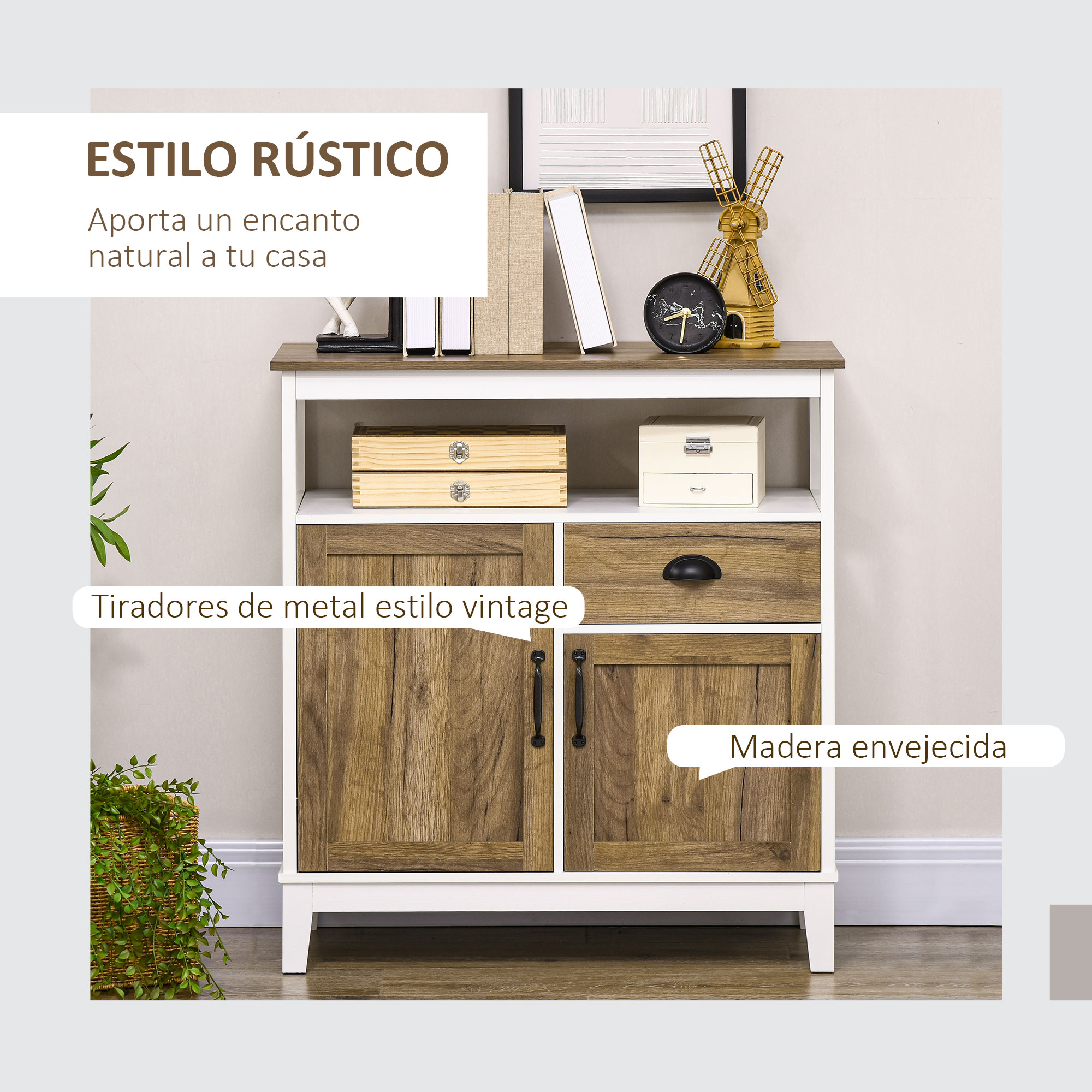 Mueble rústico con puertas de madera, cajón, tiradores vintage y decoración.