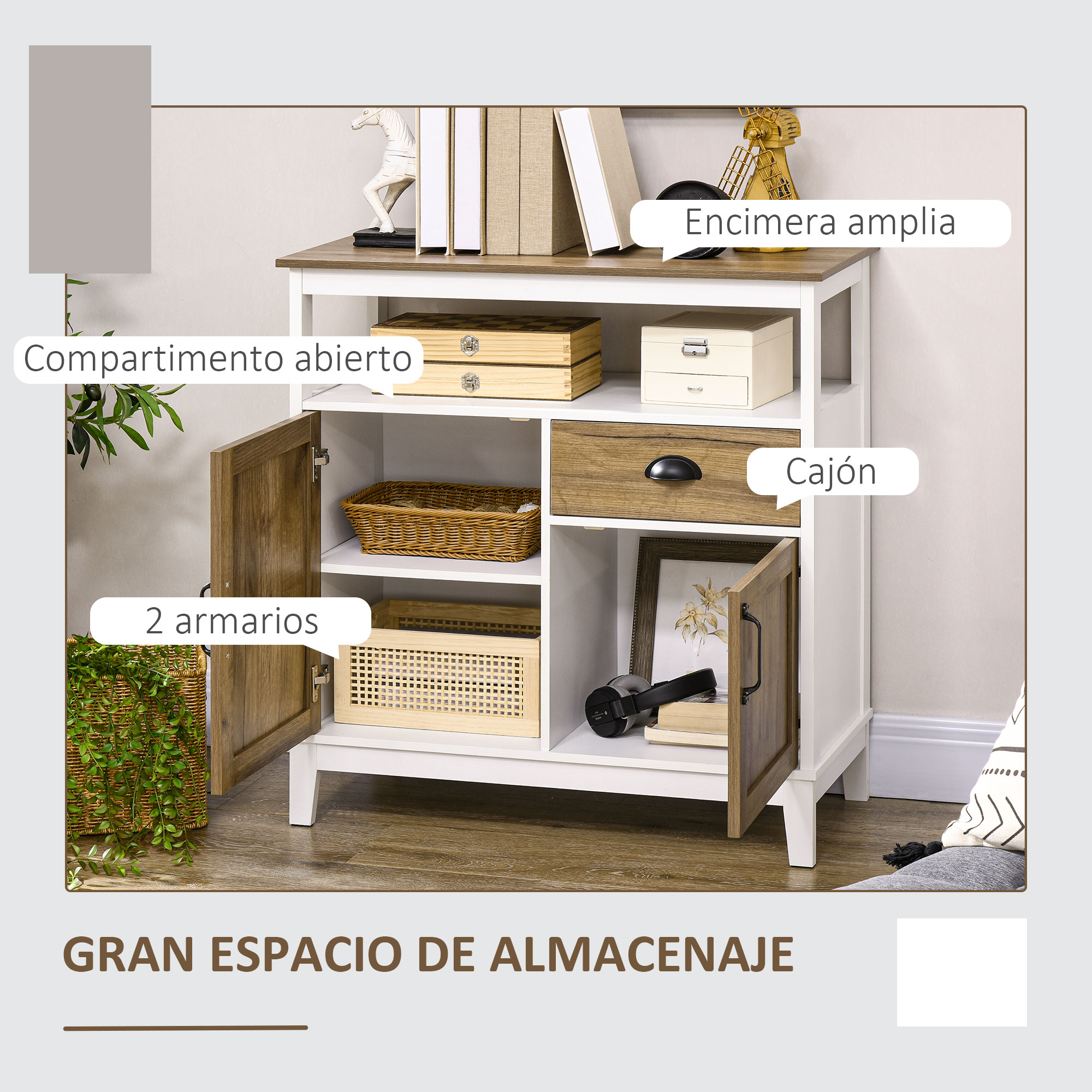 Un armario blanco con tapa de madera, estantes abiertos, cajones y puertas.