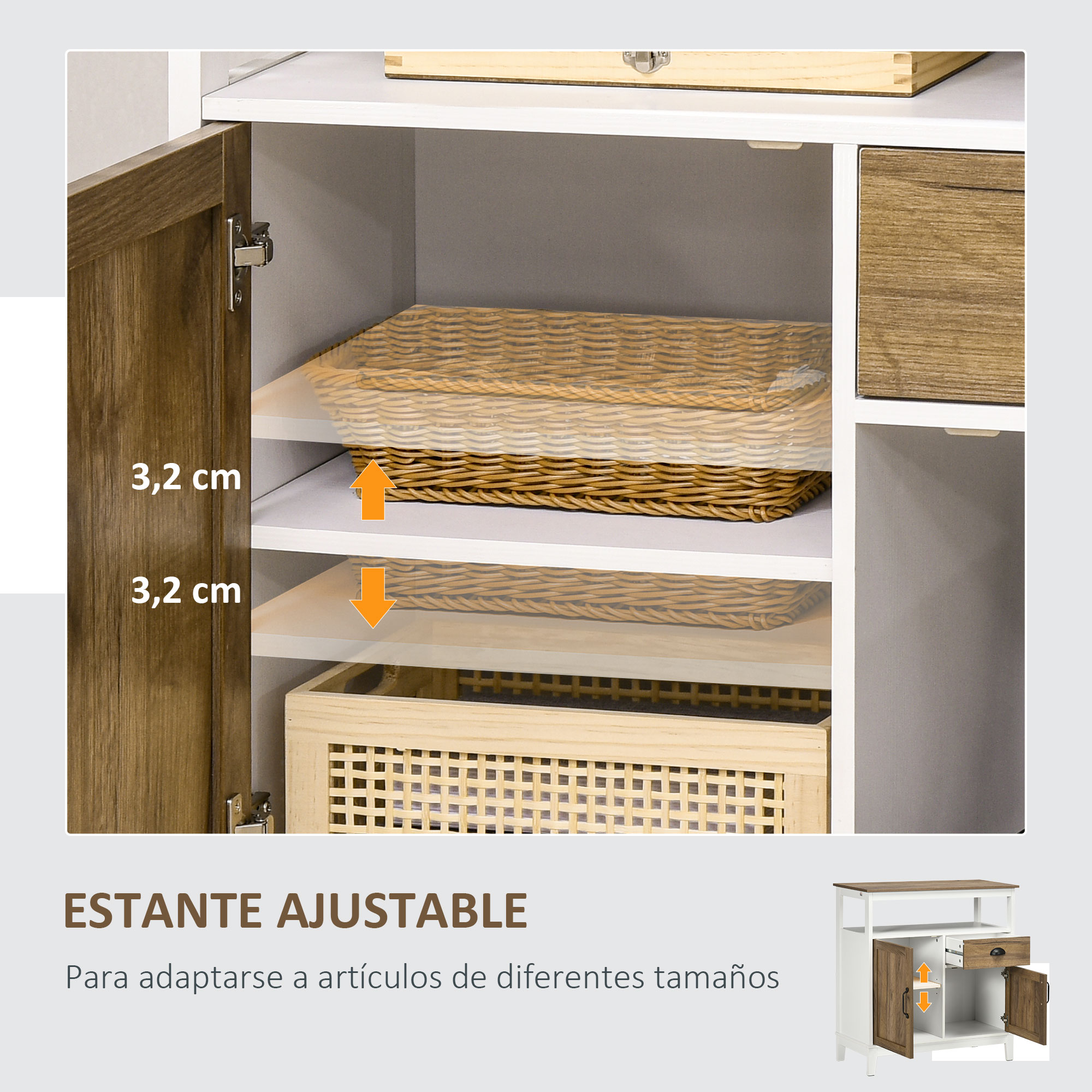Armario de madera con estantes ajustables y dos cestas. Se muestran medidas.