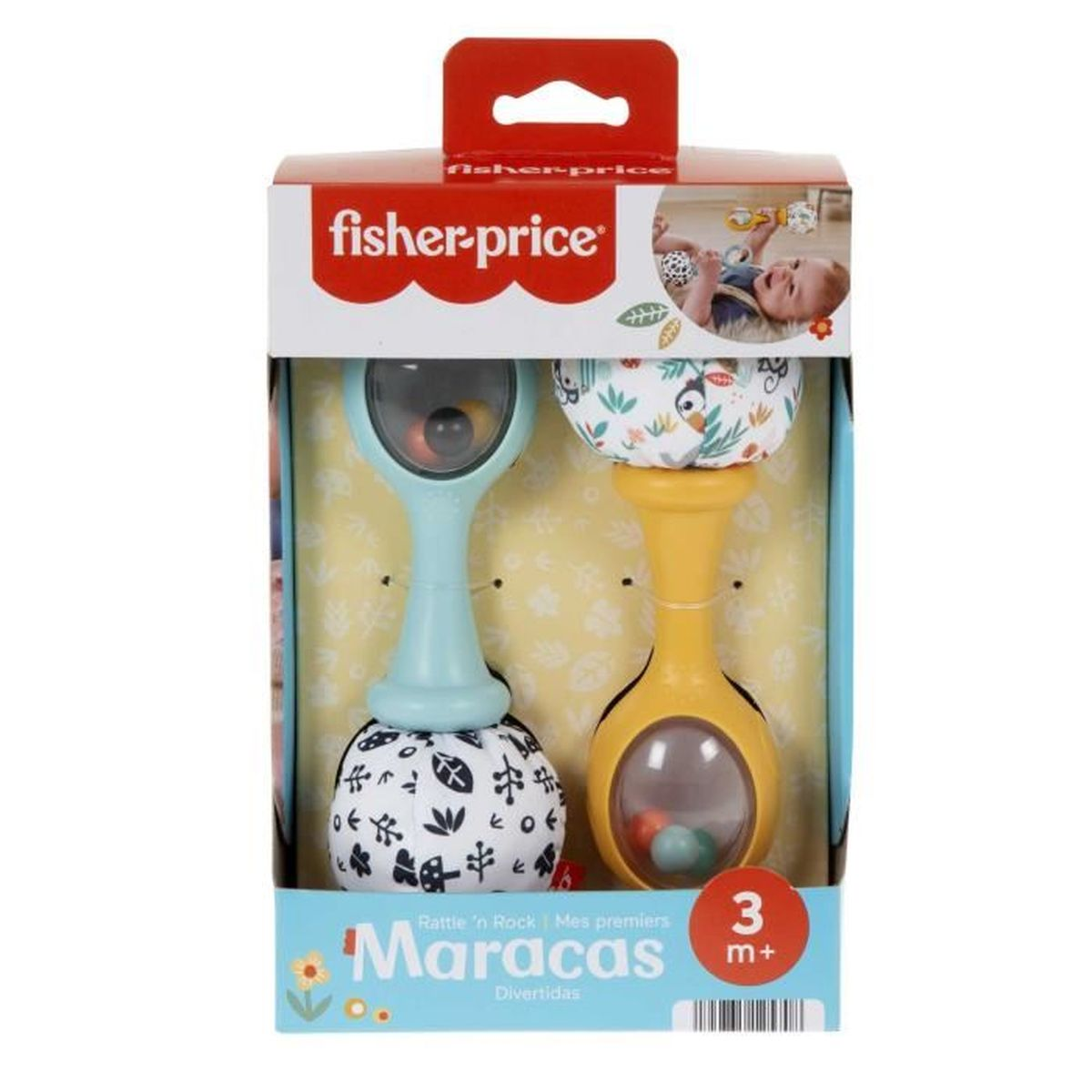 Juguetes de maracas Fisher-Price en empaque con imagen de bebé.